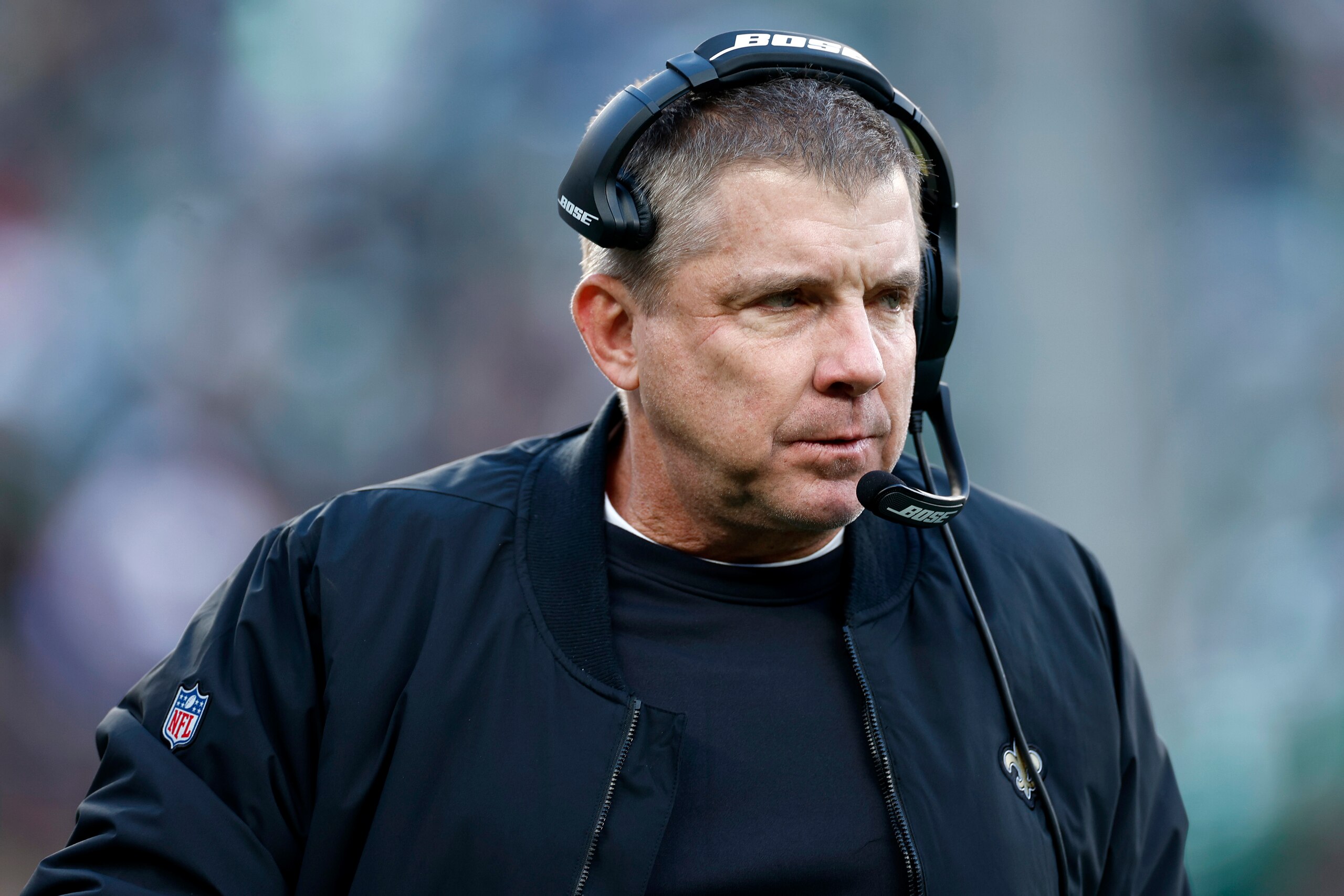 EAST RUTHERFORD, NEW JERSEY - DECEMBER 12: Head coach Sean Payton of the New Orleans Saints looks on during the third quarter of the game between the New Orleans Saints and the New York Jets at MetLife Stadium on December 12, 2021 in East Rutherford, New Jersey. (Photo by Sarah Stier/Getty Images)