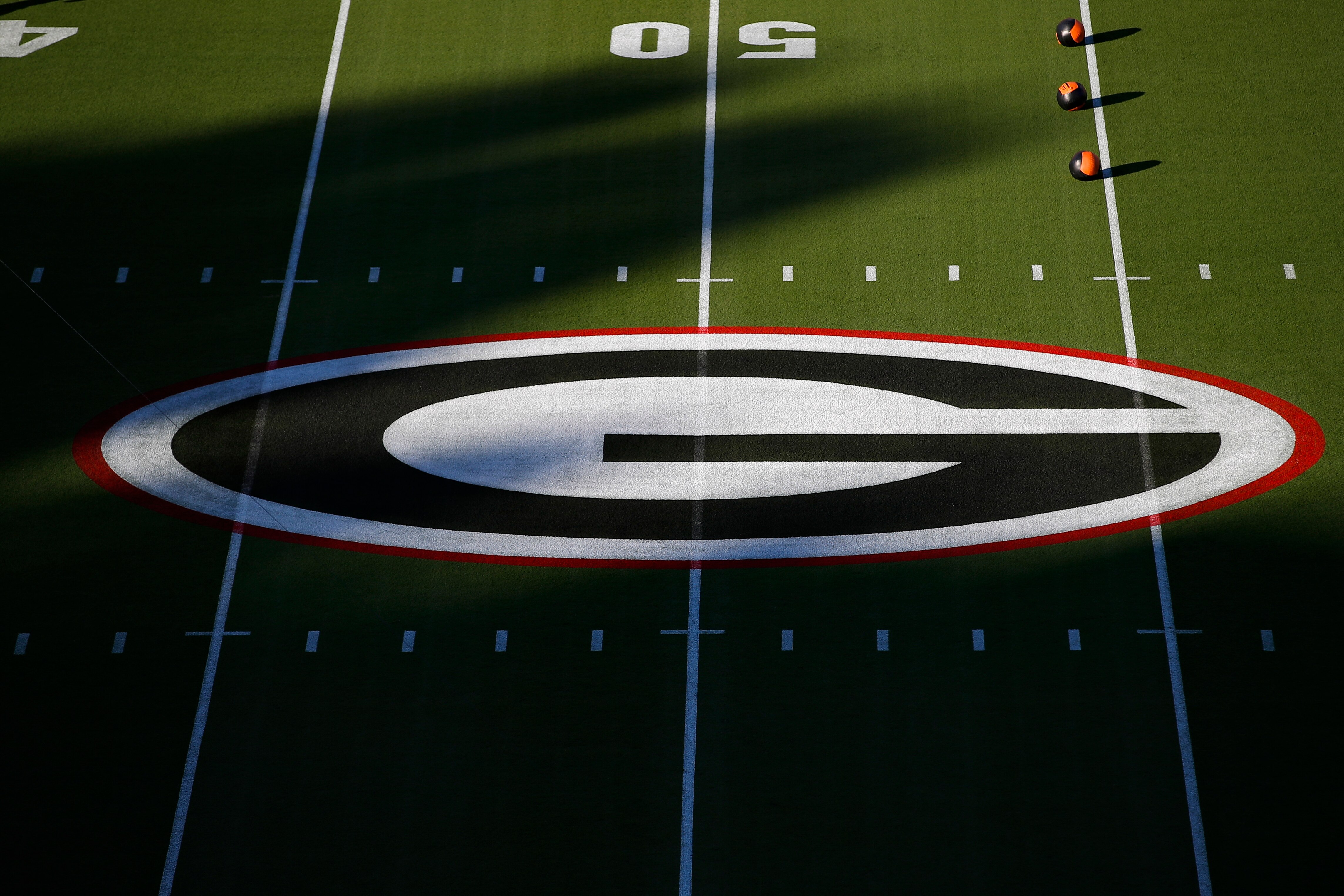 ATHENS, GA - OCTOBER 03: The Georgia Bulldogs logo at midfield prior to a game against the Auburn Tigers at Sanford Stadium on October 3, 2020 in Athens, Georgia. (Photo by Todd Kirkland/Getty Images)