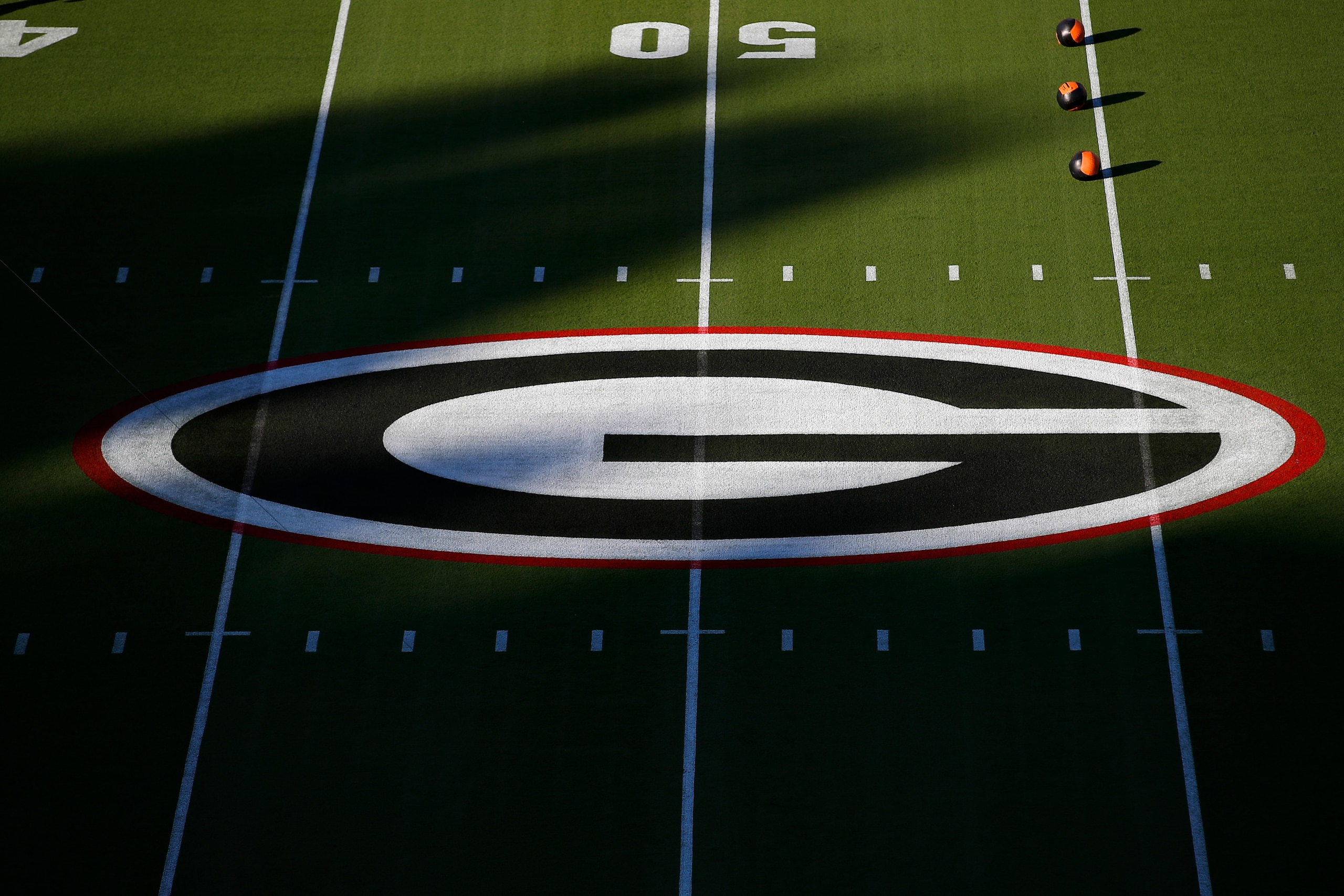 ATHENS, GA - OCTOBER 03: The Georgia Bulldogs logo at midfield prior to a game against the Auburn Tigers at Sanford Stadium on October 3, 2020 in Athens, Georgia. (Photo by Todd Kirkland/Getty Images)