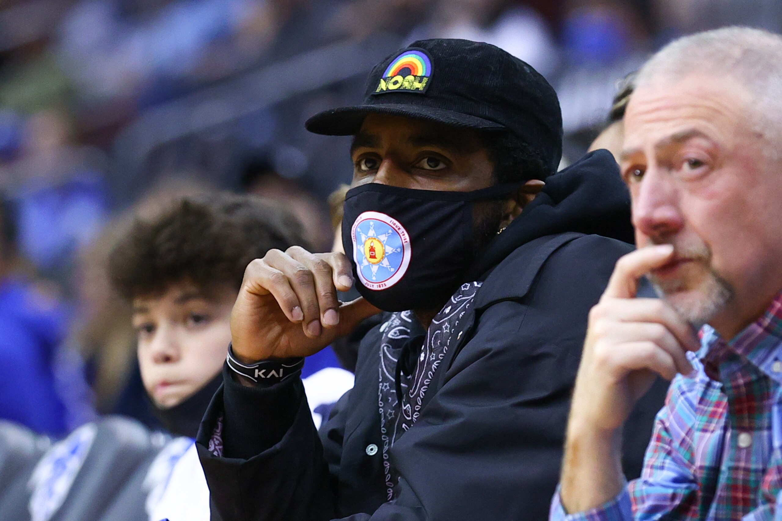 NEWARK, NJ - DECEMBER 01: Brooklyn Nets' Kyrie Irving watches the action during the second half of the college basketball game between the Seton Hall Pirates and the Wagner Seahawks on December 1, 2021 at the Prudential Center in Newrk, NJ. (Photo by Rich Graessle/Icon Sportswire via Getty Images) NEWARK, NJ - DECEMBER 01: Brooklyn Nets' Kyrie Irving watches the action during the second half of the college basketball game between the Seton Hall Pirates and the Wagner Seahawks on December 1, 2021 at the Prudential Center in Newrk, NJ. (Photo by Rich Graessle/Icon Sportswire via Getty Images)