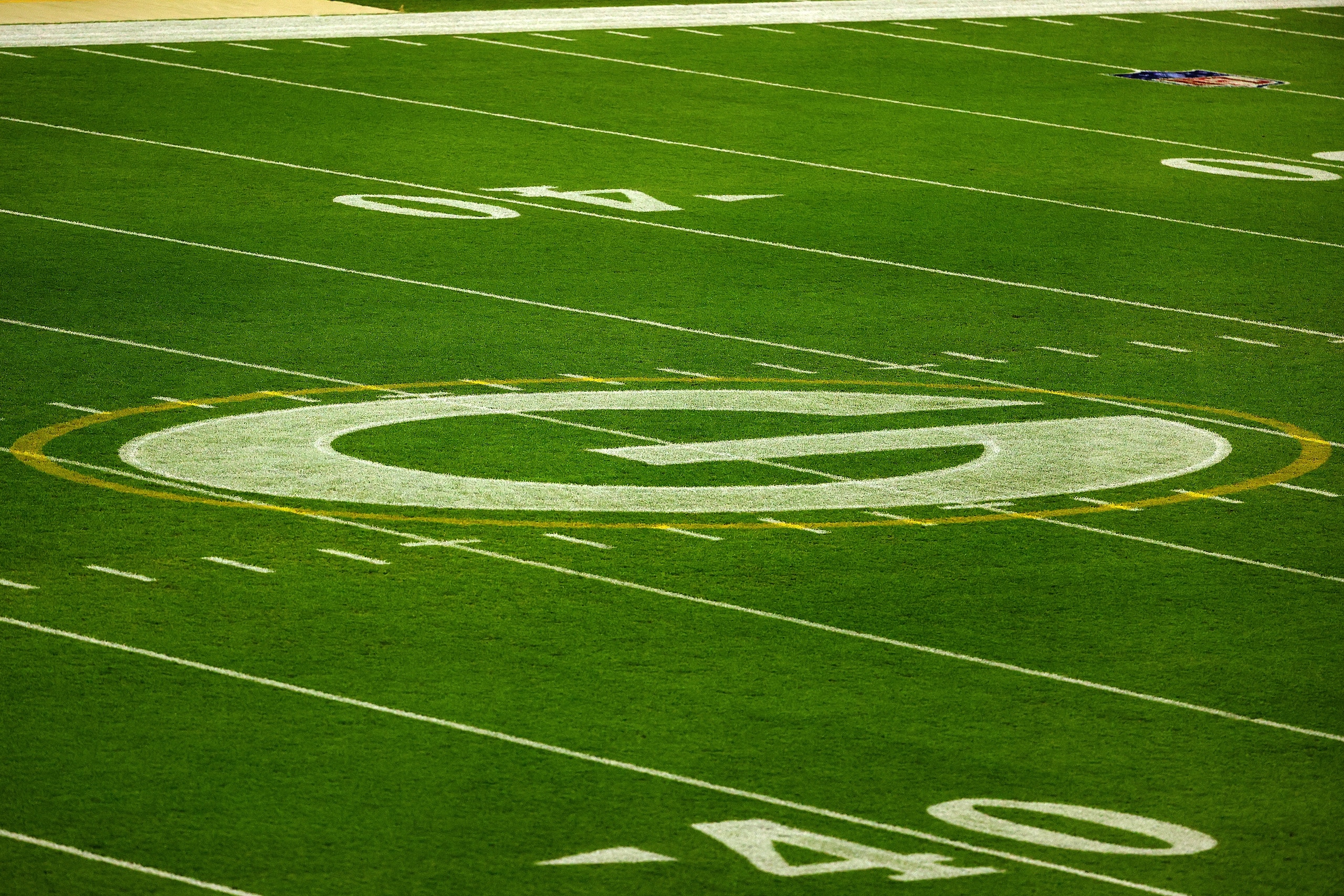 GREEN BAY, WISCONSIN - NOVEMBER 29: A general view of the Green Bay Packers logo prior to a game between the Green Bay Packers and the Chicago Bears at Lambeau Field on November 29, 2020 in Green Bay, Wisconsin. The Packers defeated the Bears 45-21. (Photo by Stacy Revere/Getty Images)
