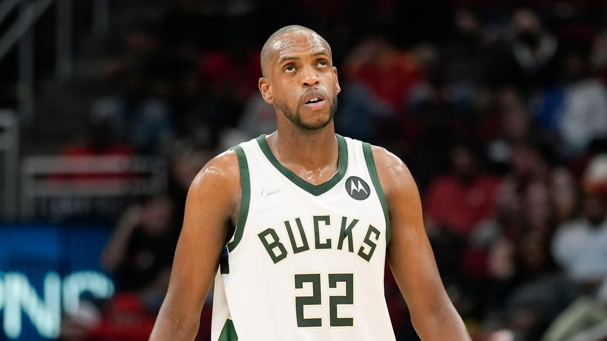 Milwaukee Bucks forward Khris Middleton looks at the scoreboard during the first half of an NBA basketball game against the Houston Rockets, Friday, Dec. 10, 2021, in Houston. (AP Photo/Eric Christian Smith) Milwaukee Bucks forward Khris Middleton looks at the scoreboard during the first half of an NBA basketball game against the Houston Rockets, Friday, Dec. 10, 2021, in Houston. (AP Photo/Eric Christian Smith)