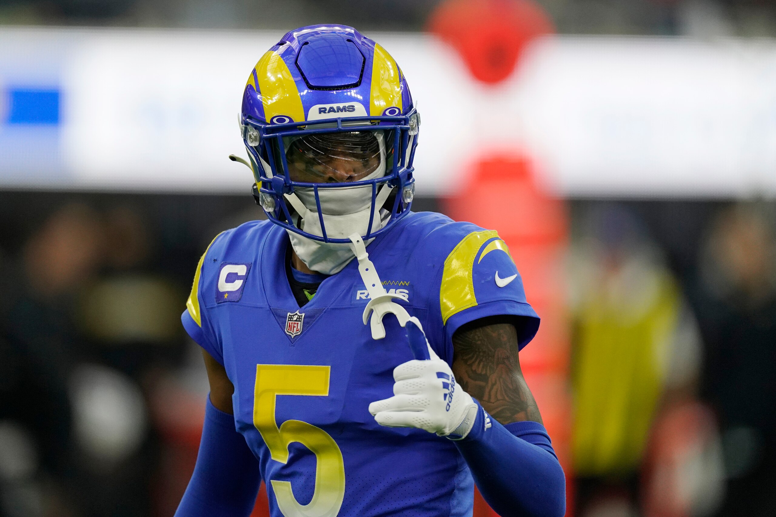 Los Angeles Rams cornerback Jalen Ramsey gestures during the second half of an NFL football game against the Jacksonville Jaguars Sunday, Dec. 5, 2021, in Inglewood, Calif. (AP Photo/Mark J. Terrill)