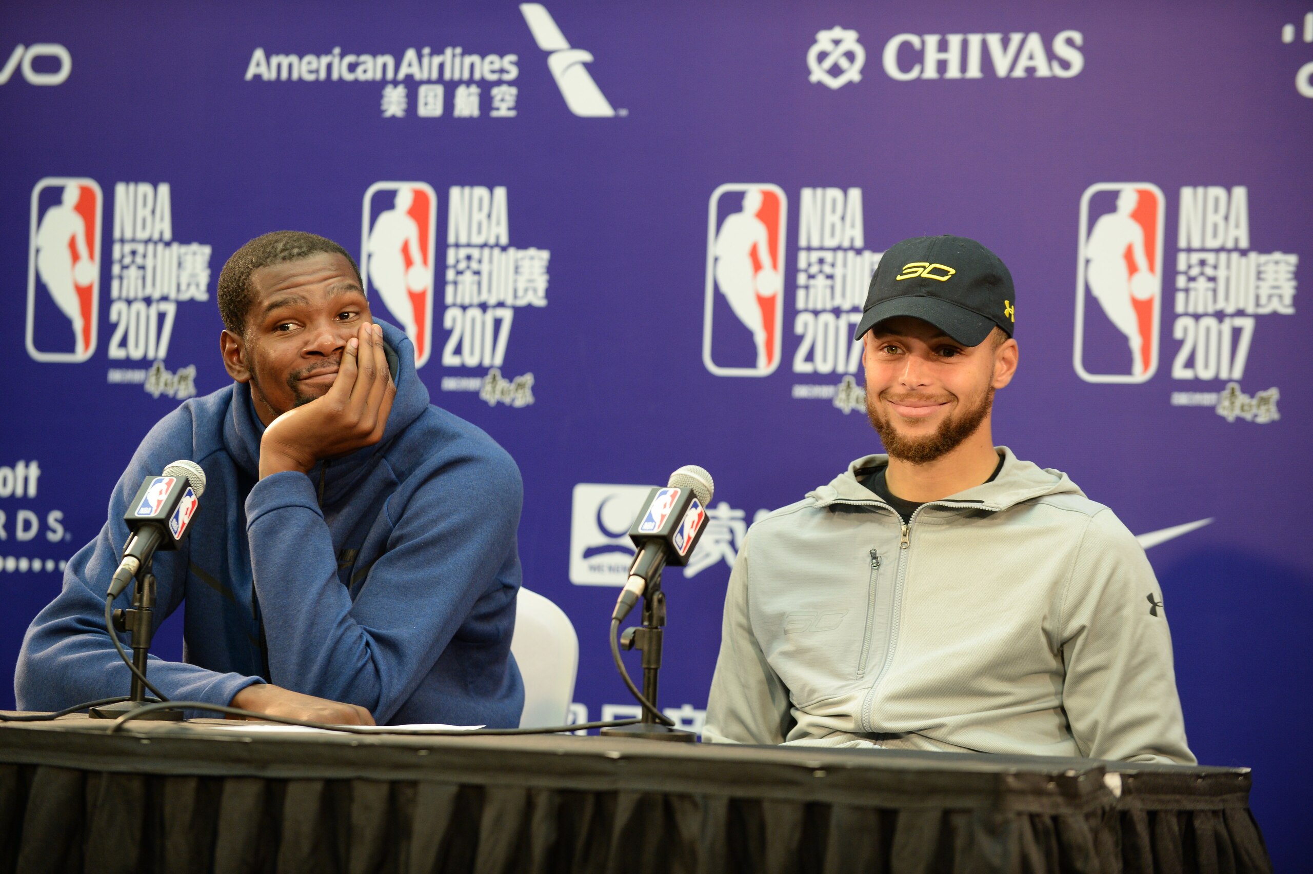 SHENZHEN, CHINA - OCTOBER 5: Kevin Durant and Stephen Curry of the Golden State Warriors speaks to the media after the game against the Minnesota Timberwolves as part of the 2017 Global Games - China on October 5, 2017 at the Shenzhen Universiade Sports Centre Sports Centre in Shenzhen, China. NOTE TO USER: User expressly acknowledges and agrees that, by downloading and/or using this photograph, user is consenting to the terms and conditions of the Getty Images License Agreement.  Mandatory Copyright Notice: Copyright 2017 NBAE (Photo by Randy Belice/NBAE via Getty Images)