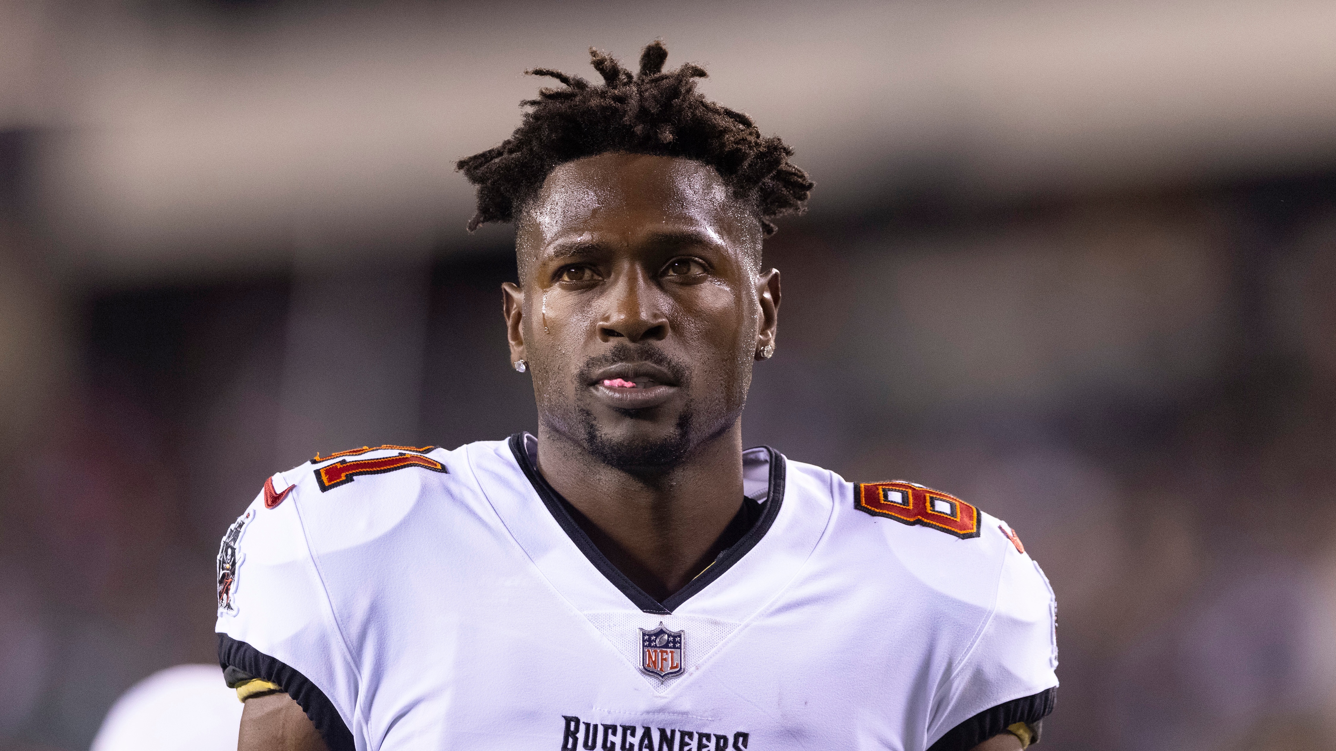 PHILADELPHIA, PA - OCTOBER 14: Antonio Brown #81 of the Tampa Bay Buccaneers looks on prior to the game against the Philadelphia Eagles at Lincoln Financial Field on October 14, 2021 in Philadelphia, Pennsylvania. (Photo by Mitchell Leff/Getty Images)