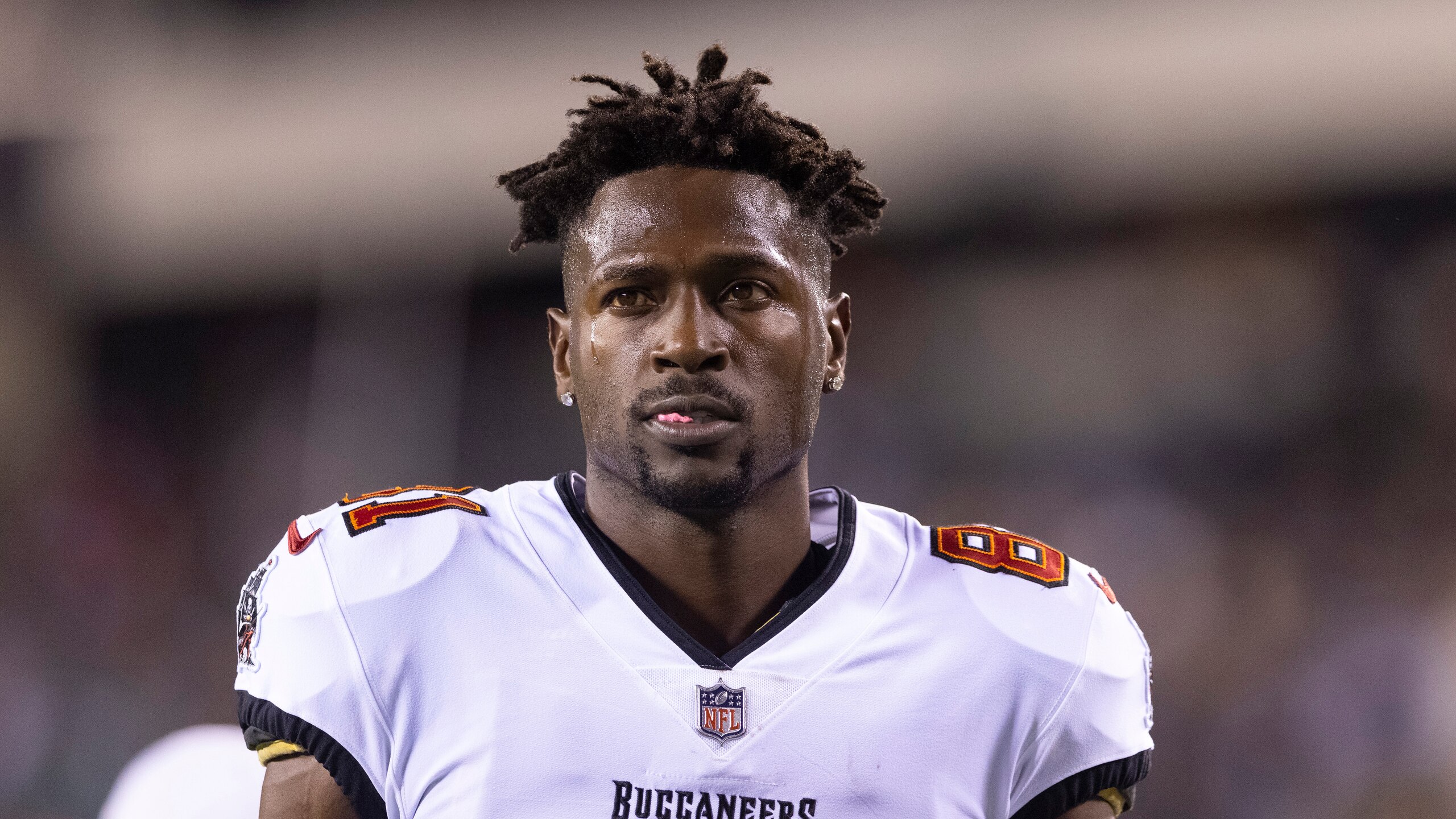 PHILADELPHIA, PA - OCTOBER 14: Antonio Brown #81 of the Tampa Bay Buccaneers looks on prior to the game against the Philadelphia Eagles at Lincoln Financial Field on October 14, 2021 in Philadelphia, Pennsylvania. (Photo by Mitchell Leff/Getty Images)