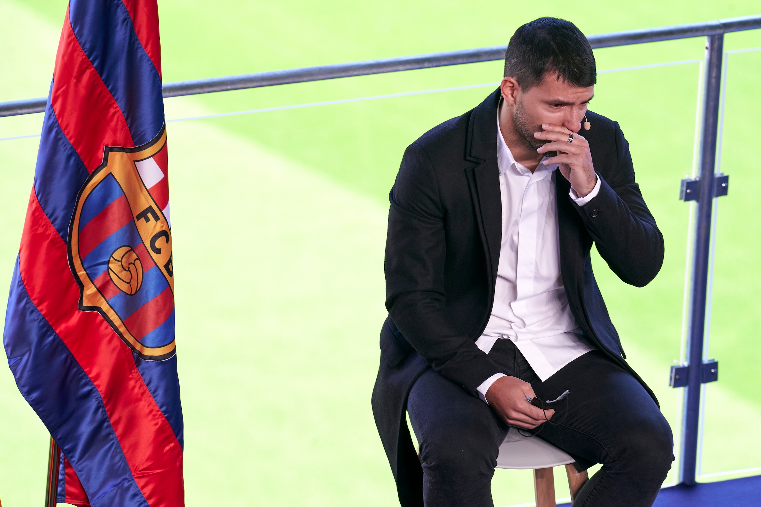 BARCELONA, SPAIN - DECEMBER 15: Kun Aguero of FC Barcelona announces his retirement from football due to a heart condition during a press conference at Nou Camp on December 15, 2021 in Barcelona, Spain. (Photo by Pedro Salado/Quality Sport Images/Getty Images)