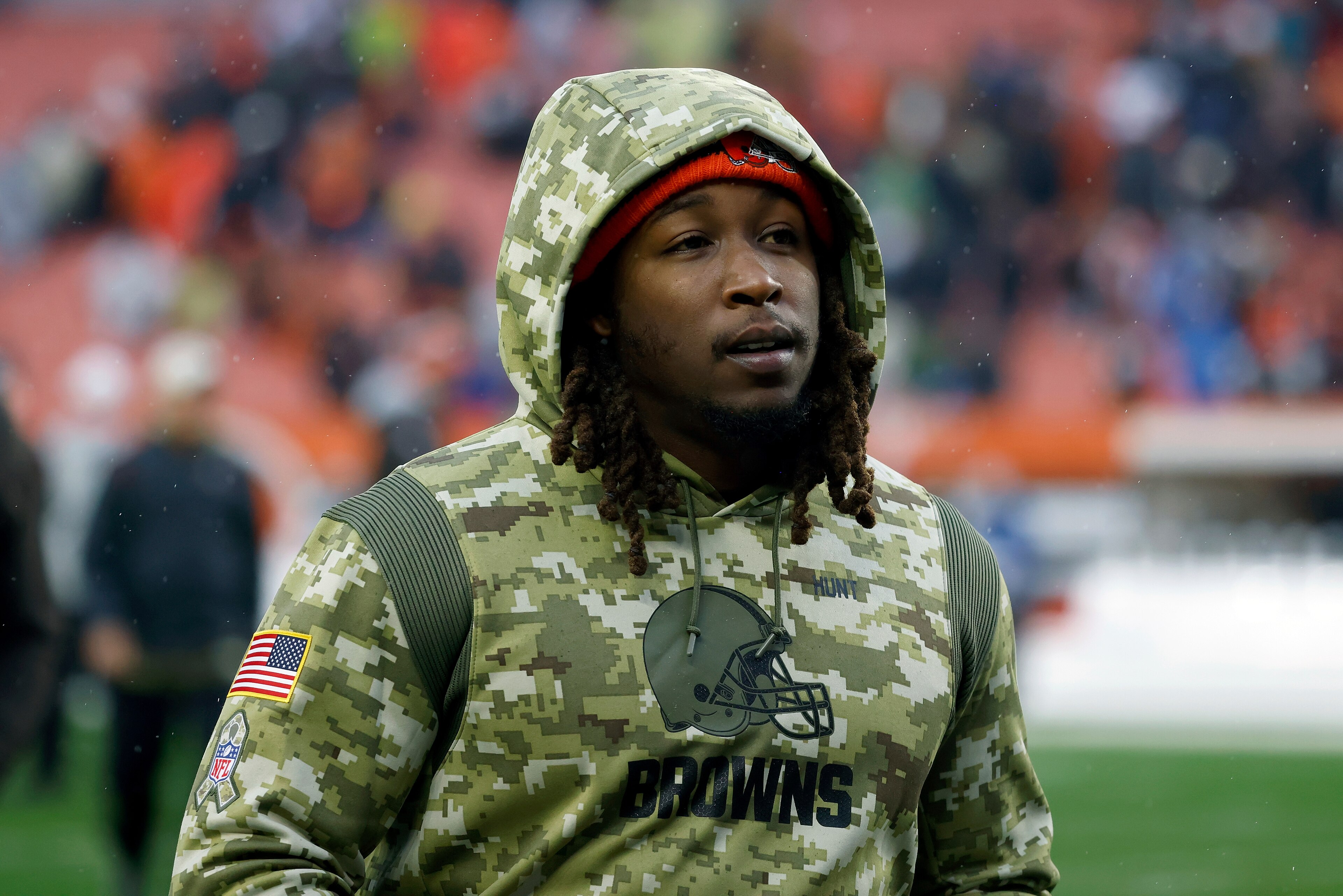 Cleveland Browns running back Kareem Hunt (27) walks off of the field after an NFL football game against the Detroit Lions, Sunday, Nov. 21, 2021, in Cleveland. Hunt and All-Pro starting right tackle Jack Conklin were designated for return from injured reserve and could play in this week's AFC North showdown against Baltimore. Hunt and Conklin will practice Wednesday, Nov. 24, 2021. (AP Photo/Kirk Irwin) Cleveland Browns running back Kareem Hunt (27) walks off of the field after an NFL football game against the Detroit Lions, Sunday, Nov. 21, 2021, in Cleveland. Hunt and All-Pro starting right tackle Jack Conklin were designated for return from injured reserve and could play in this week's AFC North showdown against Baltimore. Hunt and Conklin will practice Wednesday, Nov. 24, 2021. (AP Photo/Kirk Irwin)