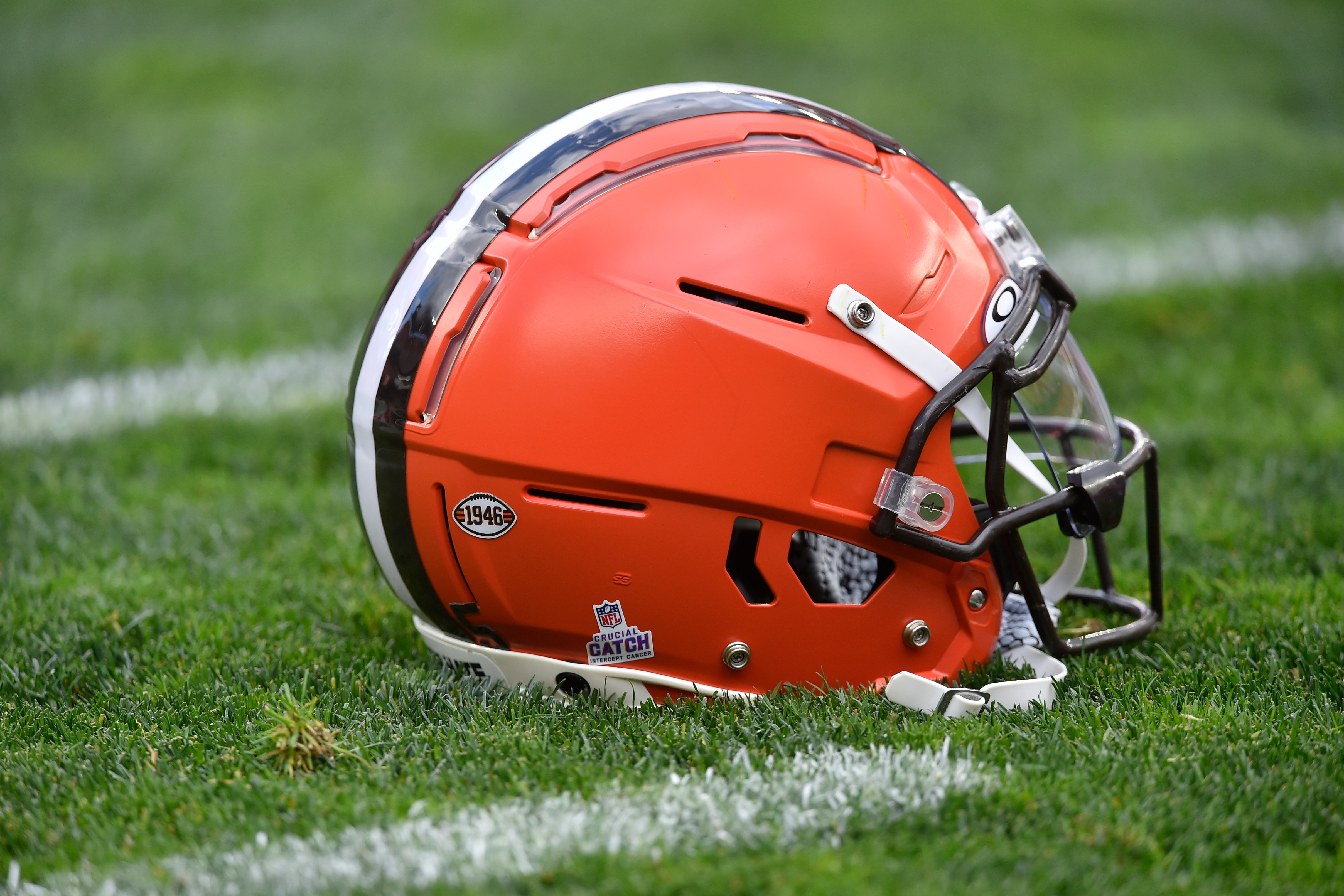 A general view of a Cleveland Browns helmet on the field before an NFL football game between the Arizona Cardinals and the Cleveland Browns, Sunday, Oct. 17, 2021, in Cleveland. The Cardinals won 37-14. (AP Photo/David Richard)