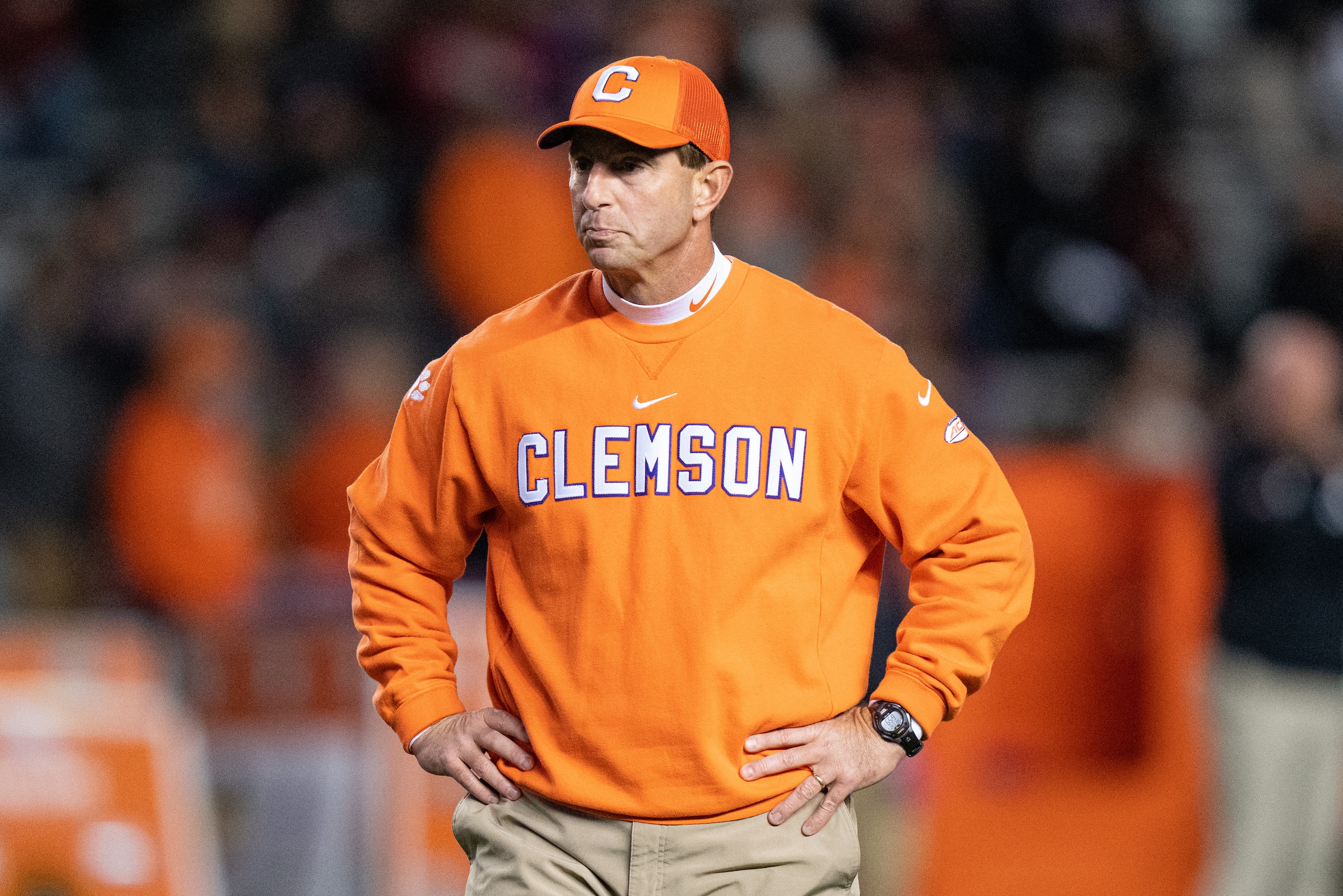 COLUMBIA, SOUTH CAROLINA - NOVEMBER 27: Head coach Dabo Swinney of the Clemson Tigers looks on during warm ups before their game against the South Carolina Gamecocks at Williams-Brice Stadium on November 27, 2021 in Columbia, South Carolina. (Photo by Jacob Kupferman/Getty Images) COLUMBIA, SOUTH CAROLINA - NOVEMBER 27: Head coach Dabo Swinney of the Clemson Tigers looks on during warm ups before their game against the South Carolina Gamecocks at Williams-Brice Stadium on November 27, 2021 in Columbia, South Carolina. (Photo by Jacob Kupferman/Getty Images)