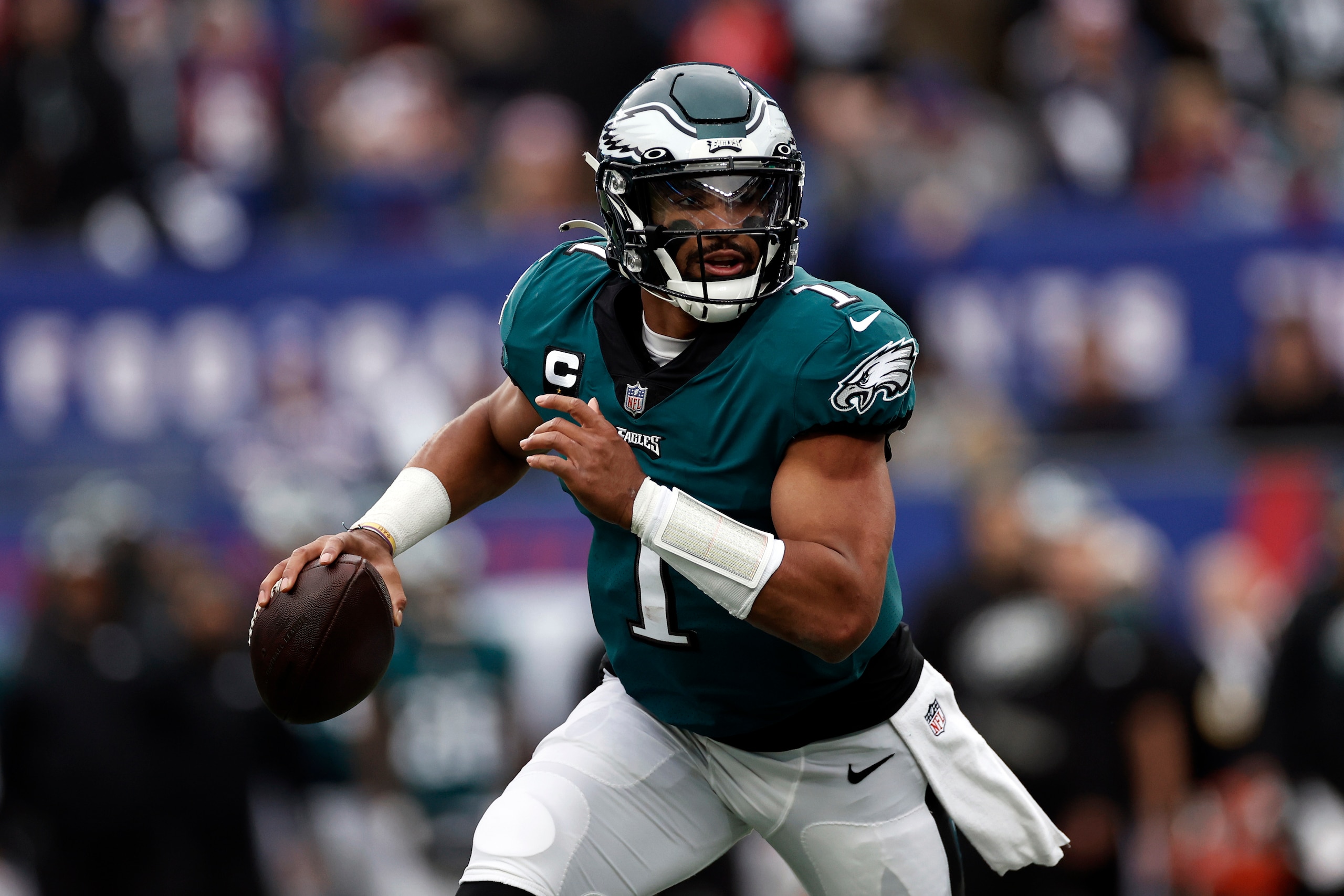 Philadelphia Eagles quarterback Jalen Hurts (1) passes against the New York Giants during an NFL football game, Sunday, Nov. 28, 2021, in East Rutherford, N.J. (AP Photo/Adam Hunger)