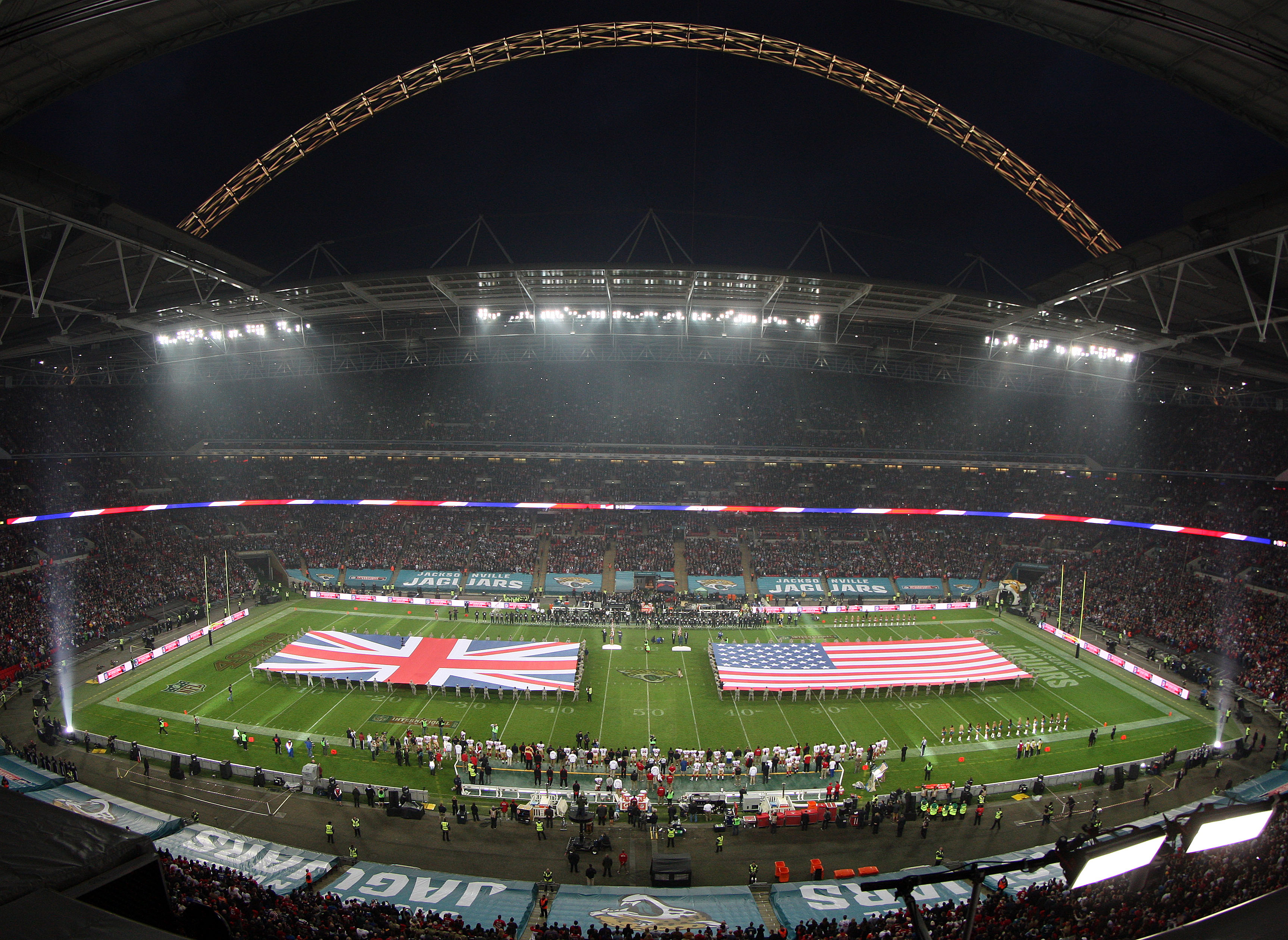 LONDON, ENGLAND - OCTOBER 27:  A general view of Wembley Stadium ahead of the NFL International Series game between San Francisco 49ers and Jacksonville Jaguars at Wembley Stadium on October 27, 2013 in London, England. (Photo by Nicky Hayes/NFL UK - Pool /Getty Images)