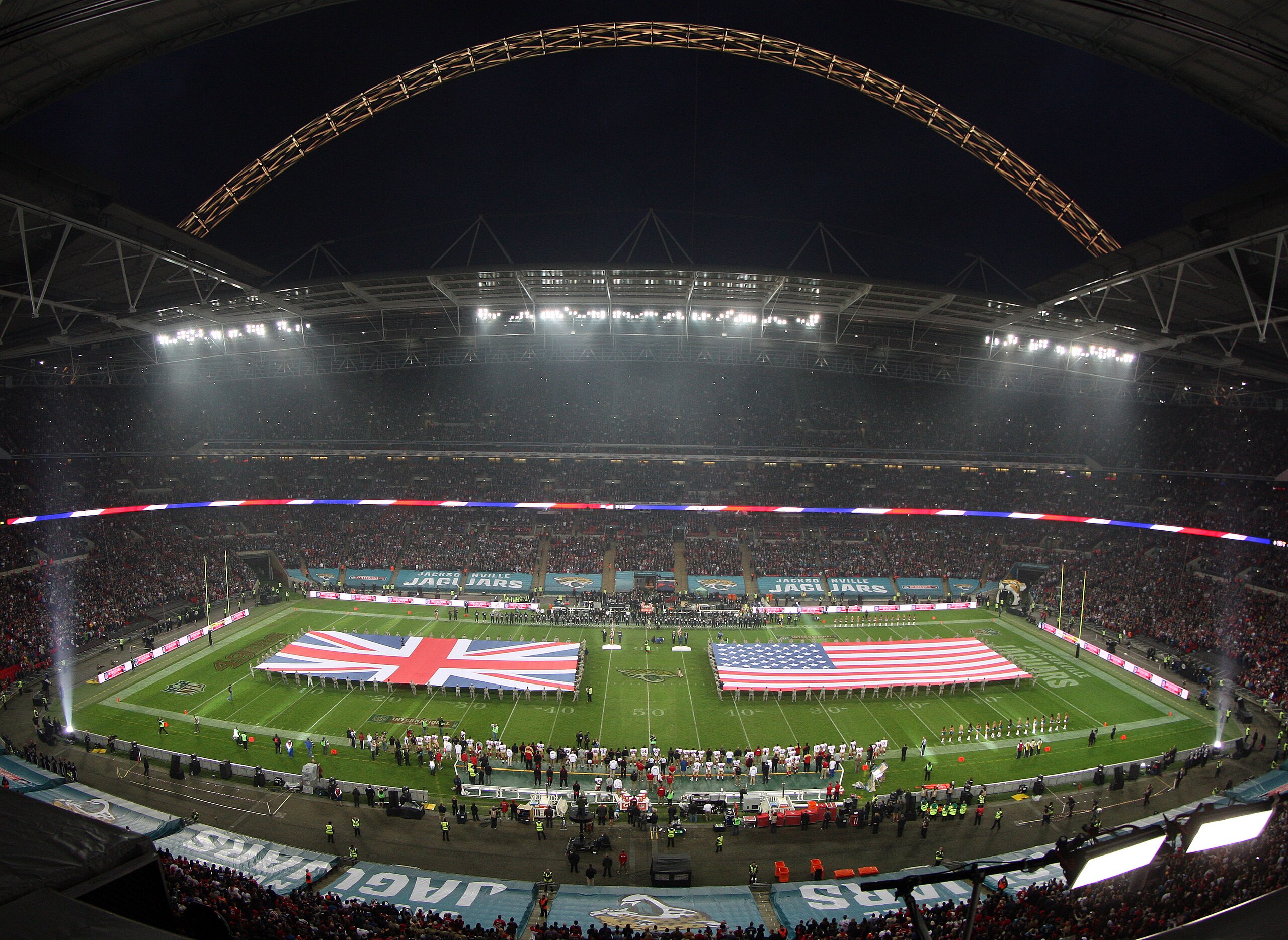 LONDON, ENGLAND - OCTOBER 27:  A general view of Wembley Stadium ahead of the NFL International Series game between San Francisco 49ers and Jacksonville Jaguars at Wembley Stadium on October 27, 2013 in London, England. (Photo by Nicky Hayes/NFL UK - Pool /Getty Images)