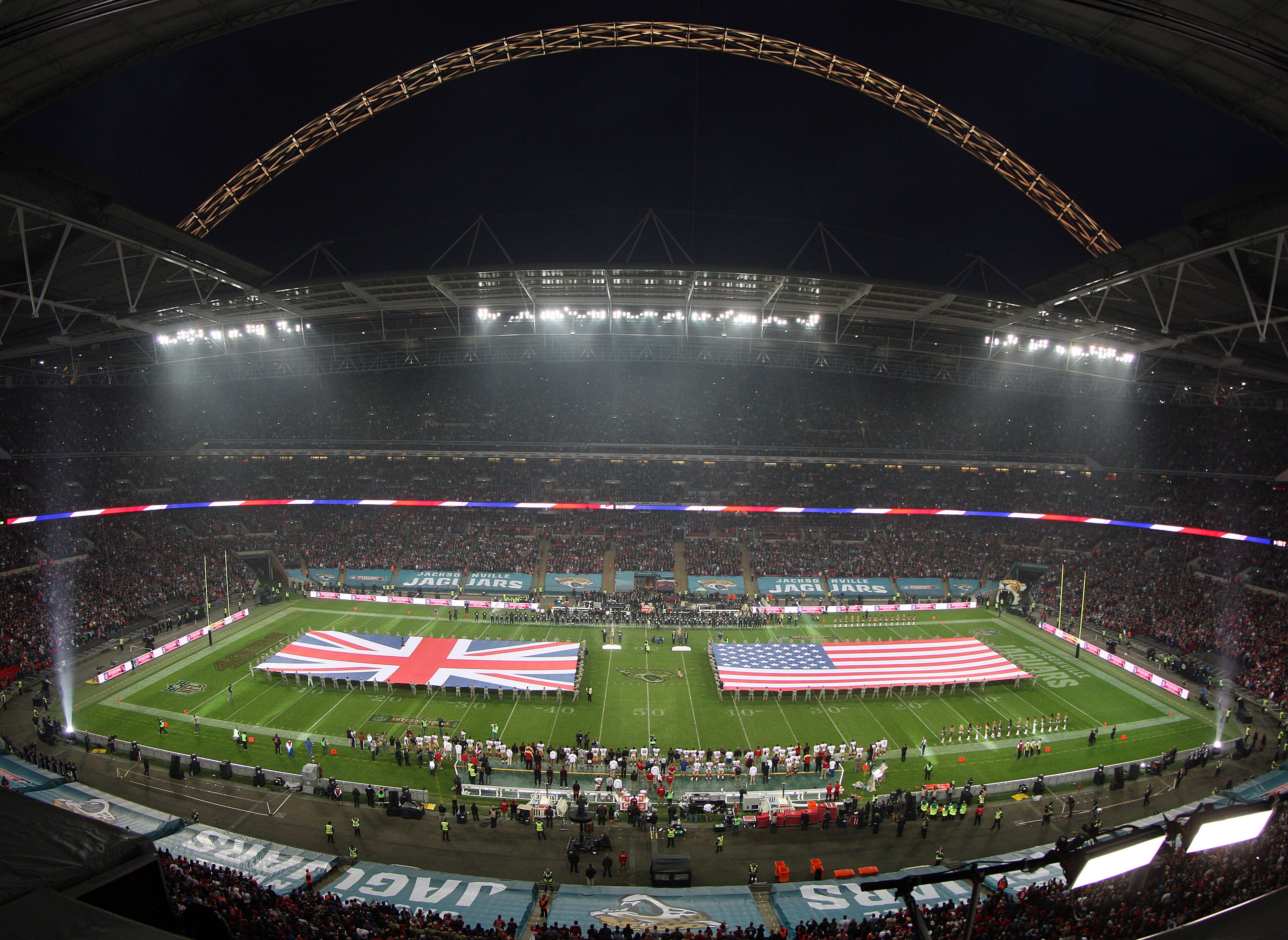 LONDON, ENGLAND - OCTOBER 27:  A general view of Wembley Stadium ahead of the NFL International Series game between San Francisco 49ers and Jacksonville Jaguars at Wembley Stadium on October 27, 2013 in London, England. (Photo by Nicky Hayes/NFL UK - Pool /Getty Images)