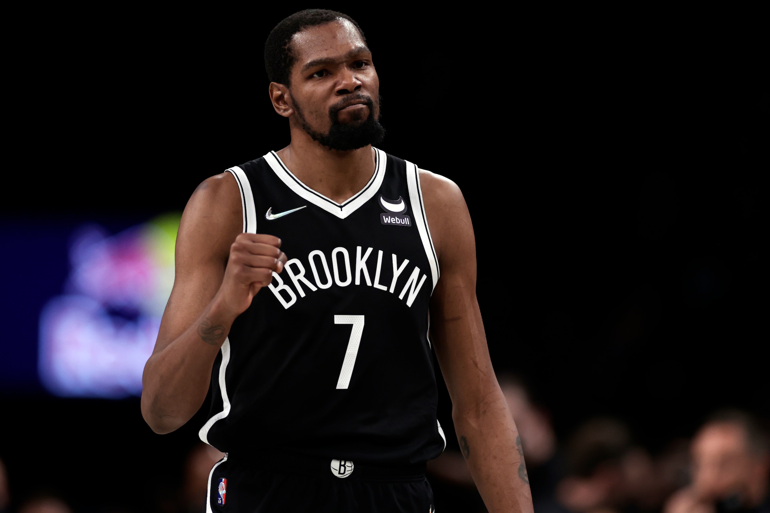 Brooklyn Nets forward Kevin Durant (7) reacts against the Toronto Raptors during the second half of an NBA basketball game Tuesday, Dec. 14, 2021, in New York. The Nets won 131-129 in overtime. (AP Photo/Adam Hunger)