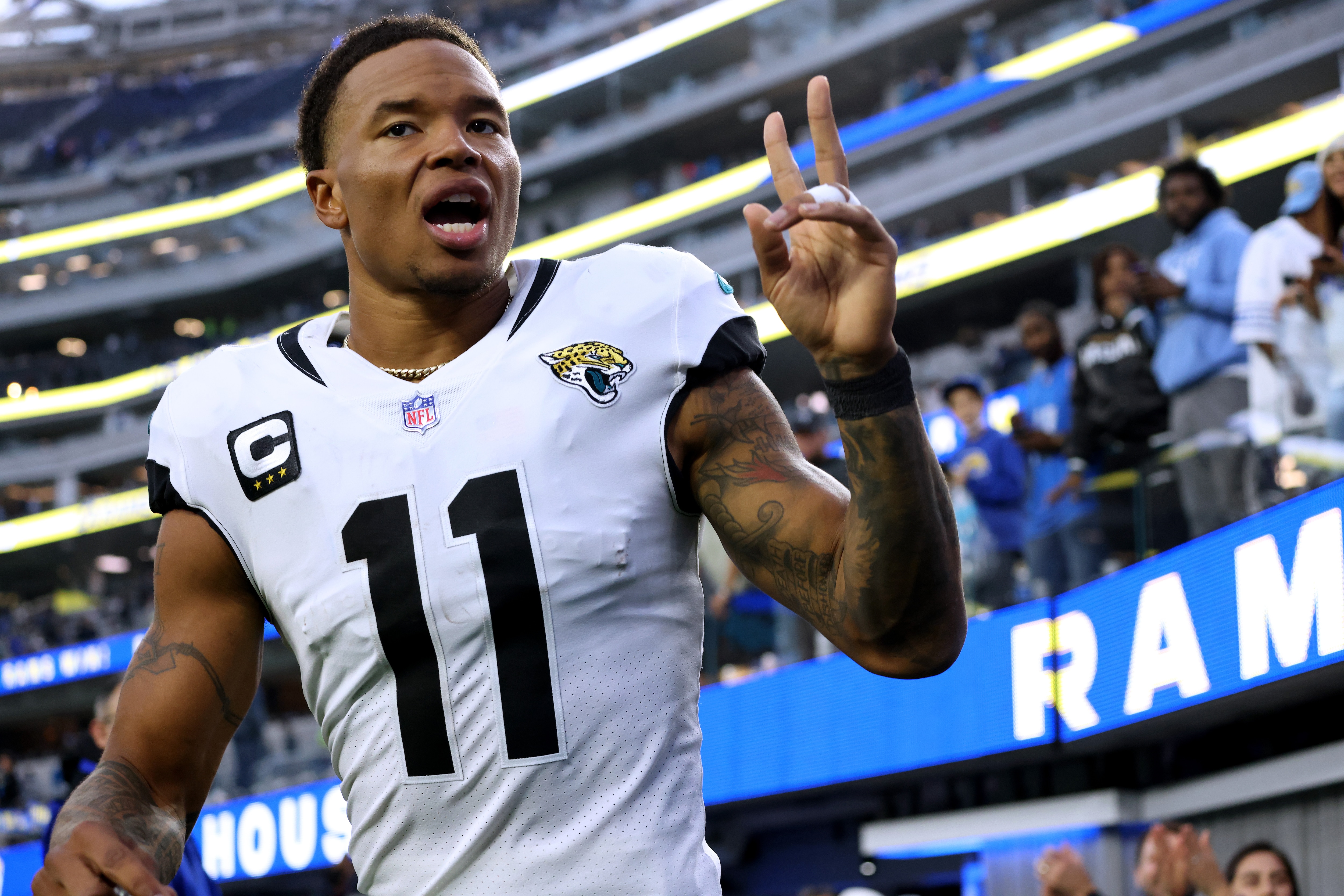 INGLEWOOD, CALIFORNIA - DECEMBER 05: Marvin Jones #11 of the Jacksonville Jaguars signals to fans as he leaves the field after a 37-7 loss to the Los Angeles Rams at SoFi Stadium on December 05, 2021 in Inglewood, California. (Photo by Harry How/Getty Images)