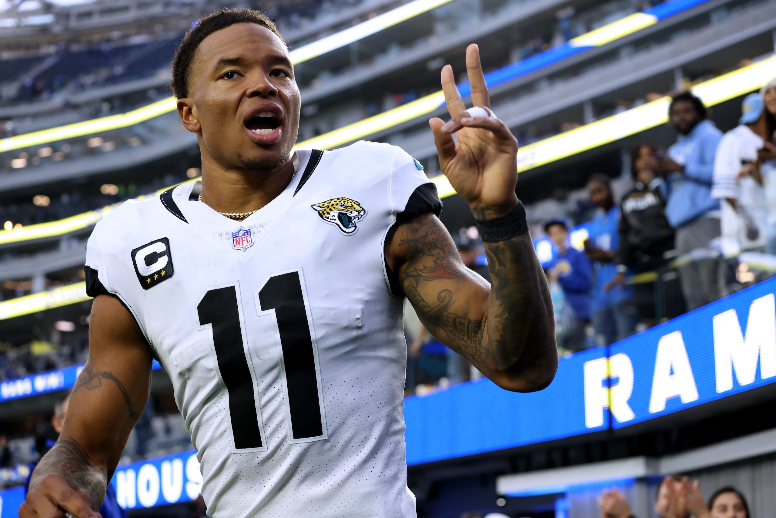 INGLEWOOD, CALIFORNIA - DECEMBER 05: Marvin Jones #11 of the Jacksonville Jaguars signals to fans as he leaves the field after a 37-7 loss to the Los Angeles Rams at SoFi Stadium on December 05, 2021 in Inglewood, California. (Photo by Harry How/Getty Images)