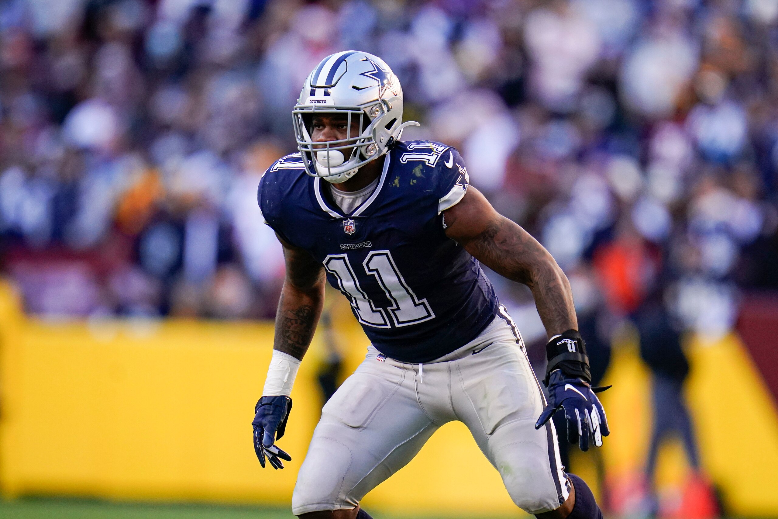 Dallas Cowboys outside linebacker Micah Parsons rushes in against the Washington Football Team during the second half of an NFL football game, Sunday, Dec. 12, 2021, in Landover, Md. (AP Photo/Julio Cortez)