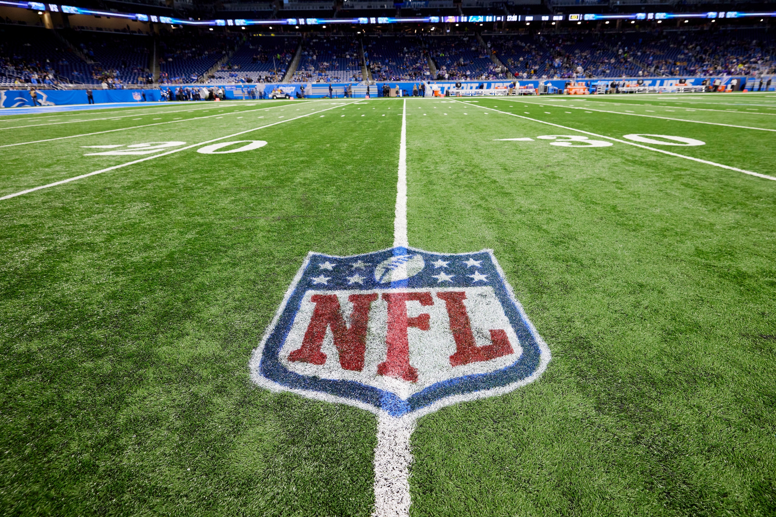 NFL logo on the field during an NFL football game, Sunday, Dec. 5, 2021, in Detroit. (AP Photo/Rick Osentoski)