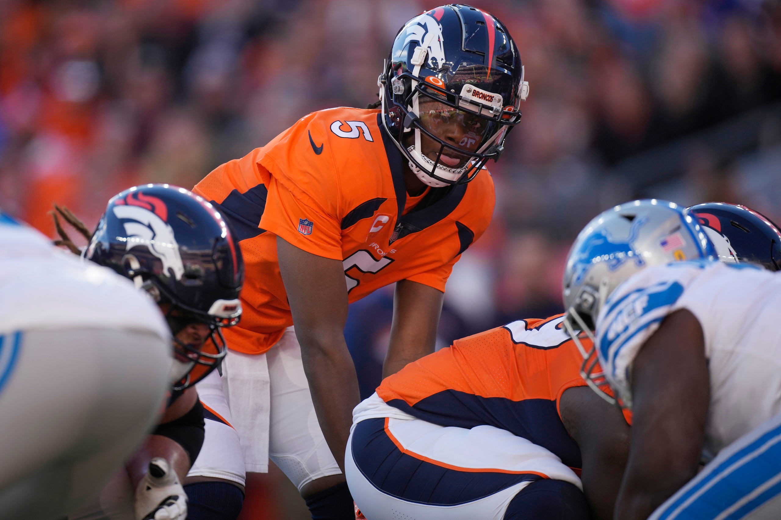 Denver Broncos quarterback Teddy Bridgewater (5) plays against the Detroit Lions during the first half of an NFL football game, Sunday, Dec. 12, 2021, in Denver. (AP Photo/David Zalubowski)