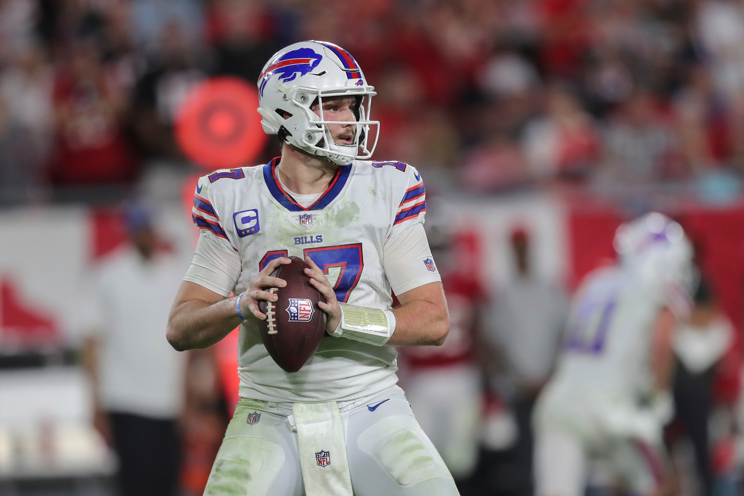 Buffalo Bills quarterback Josh Allen (17) attempts a pass during a NFL football game against the Tampa Bay Buccaneers, Sunday, Dec.12, 2021 in Tampa, Fla. (AP Photo/Alex Menendez)