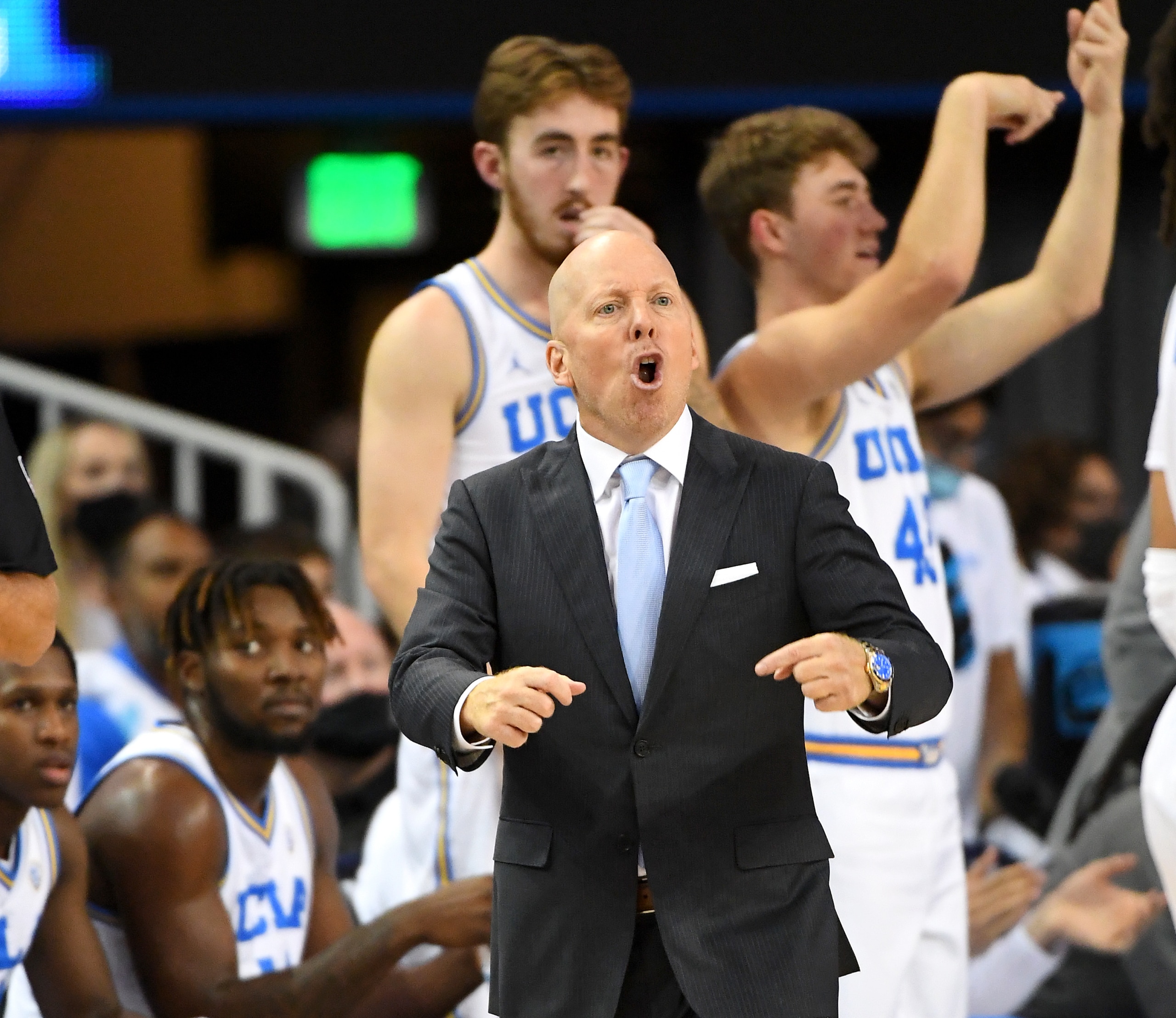LOS ANGELES, CA - DECEMBER 01: Head coach Mick Cronin of the UCLA Bruins yells on the court in the game against the Colorado Buffaloes at UCLA Pauley Pavilion on December 1, 2021 in Los Angeles, California. (Photo by Jayne Kamin-Oncea/Getty Images)