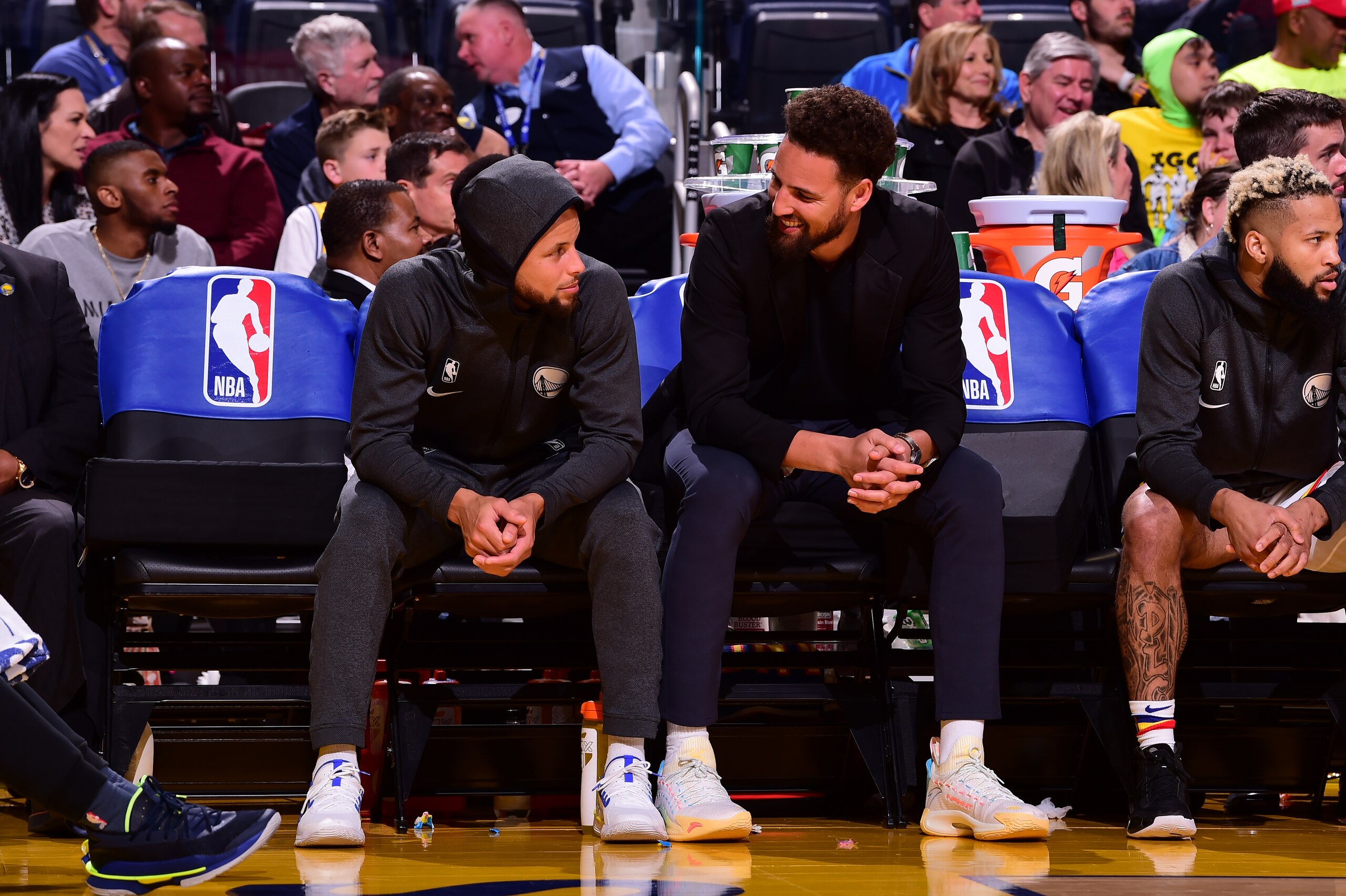 SAN FRANCISCO, CA - FEBRUARY 20: Stephen Curry #30 shares a conversation with teammate, Klay Thompson #11of the Golden State Warriors during the game against the Houston Rockets on February 20, 2020 at Chase Center in San Francisco, California. NOTE TO USER: User expressly acknowledges and agrees that, by downloading and or using this photograph, user is consenting to the terms and conditions of Getty Images License Agreement. Mandatory Copyright Notice: Copyright 2020 NBAE (Photo by Noah Graham/NBAE via Getty Images) SAN FRANCISCO, CA - FEBRUARY 20: Stephen Curry #30 shares a conversation with teammate, Klay Thompson #11of the Golden State Warriors during the game against the Houston Rockets on February 20, 2020 at Chase Center in San Francisco, California. NOTE TO USER: User expressly acknowledges and agrees that, by downloading and or using this photograph, user is consenting to the terms and conditions of Getty Images License Agreement. Mandatory Copyright Notice: Copyright 2020 NBAE (Photo by Noah Graham/NBAE via Getty Images)