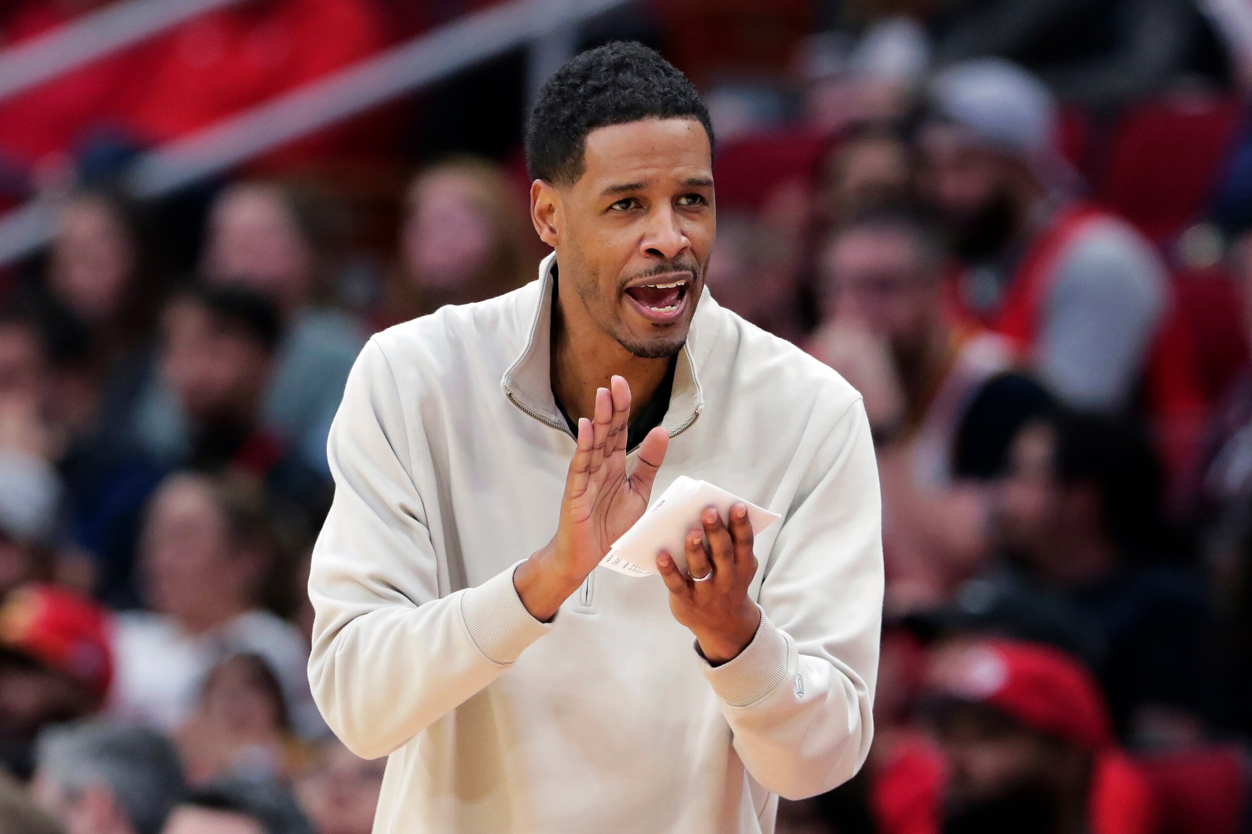 Houston Rockets head coach Stephen Silas during the second half of an NBA basketball game against the New Orleans Pelicans, Sunday, Dec. 5, 2021, in Houston. (AP Photo/Michael Wyke)