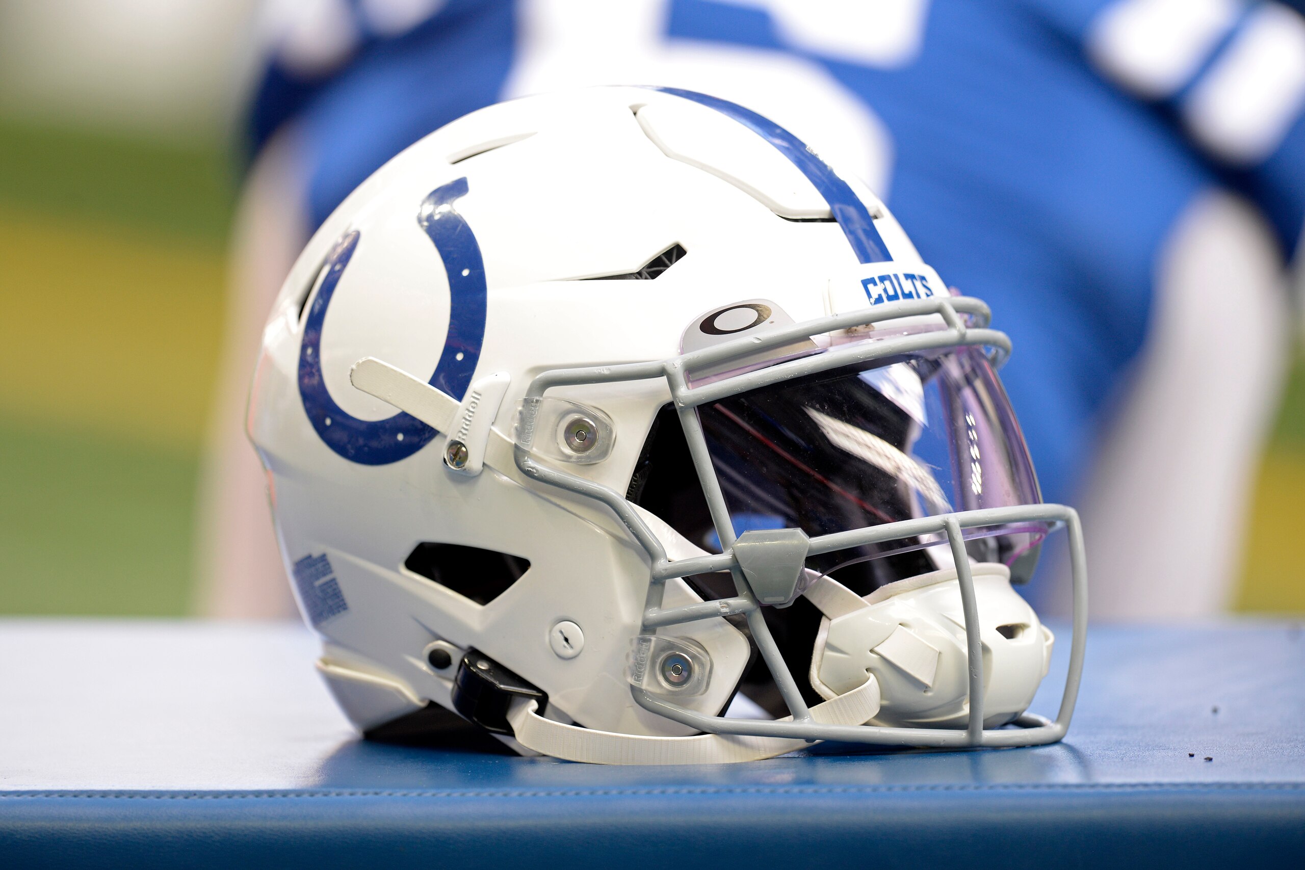 INDIANAPOLIS, IN - OCTOBER 31: A Indianapolis Colts helmet sits on the sidelines during the NFL football game between the Tennessee Titans and the Indianapolis Colts on October 31, 2021, at Lucas Oil Stadium in Indianapolis, Indiana. (Photo by Michael Allio/Icon Sportswire via Getty Images)