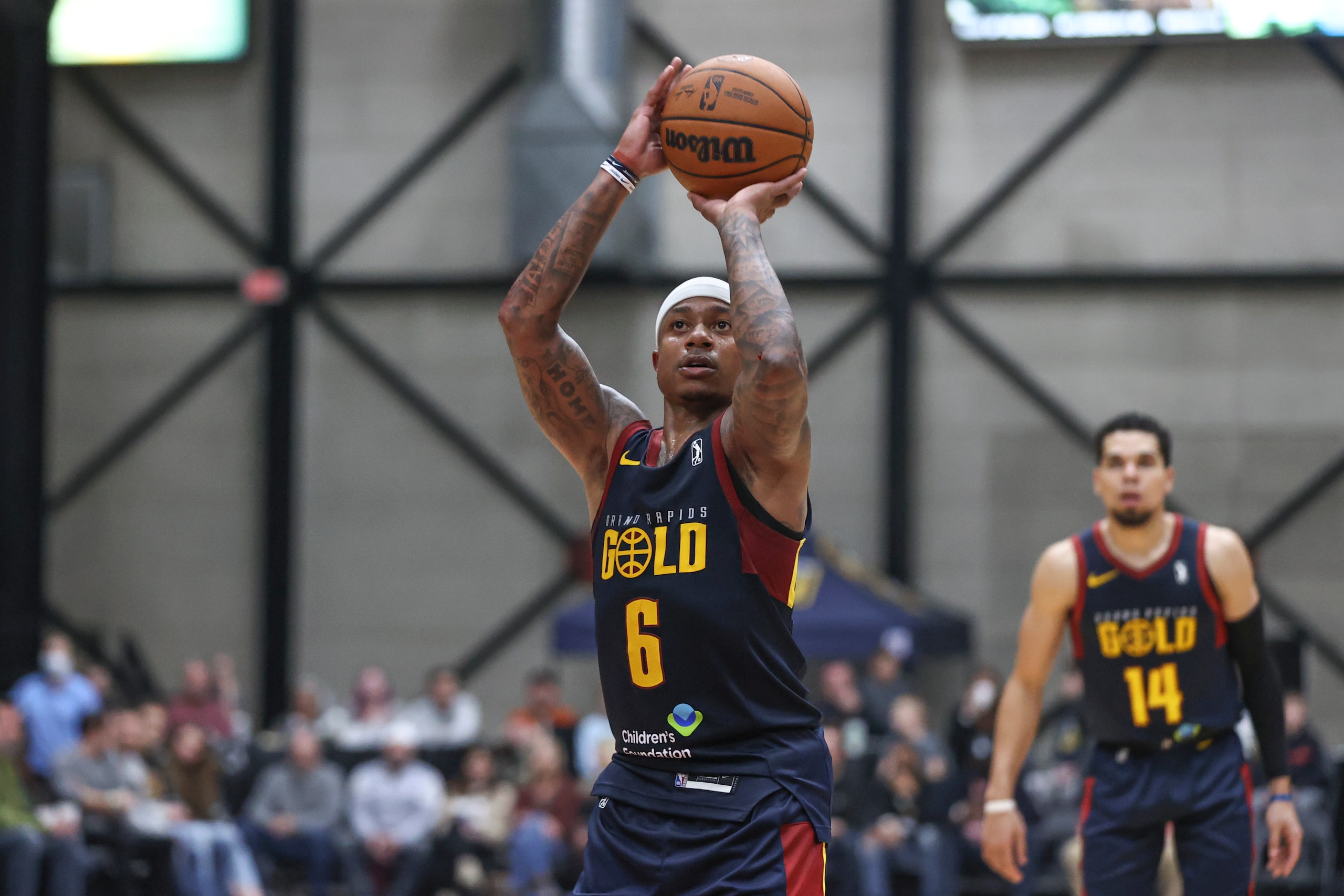 GRAND RAPIDS, MI - DECEMBER 15: Isaiah Thomas #6 of the Grand Rapids Gold shoots a free throw against the Fort Wayne Mad Ants during the second half of an NBA G-League game on December 15, 2021 at the DeltaPlex Arena in Grand Rapids, Michigan. NOTE TO USER: User expressly acknowledges and agrees that, by downloading and or using this photograph, User is consenting to the terms and conditions of the Getty Images License Agreement. Mandatory Copyright Notice: Copyright 2021 NBAE (Photo by Kamil Krzaczynski/NBAE via Getty Images)