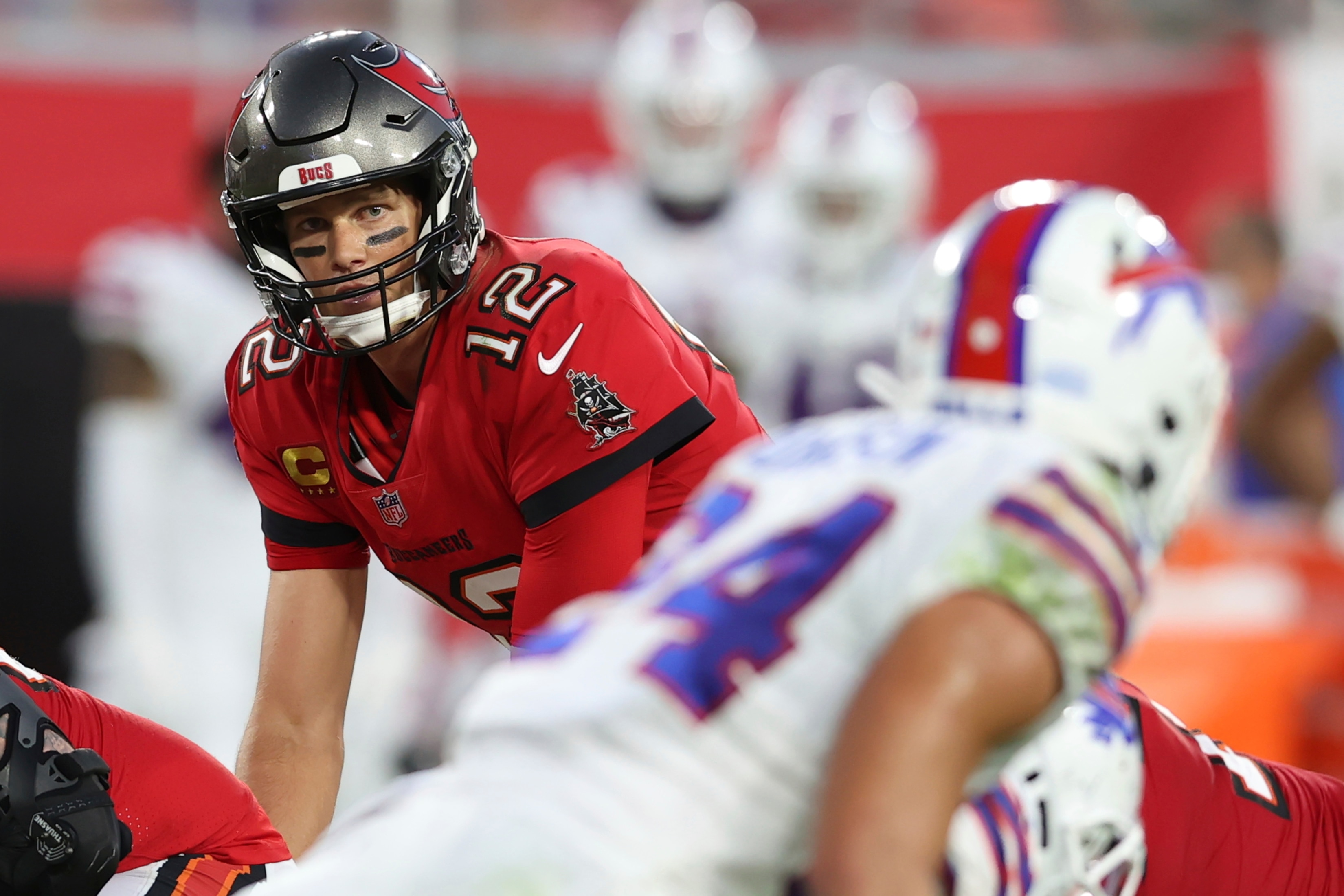 Tampa Bay Buccaneers quarterback Tom Brady (12) lines up against the Buffalo Bills during the first half of an NFL football game Sunday, Dec. 12, 2021, in Tampa, Fla. (AP Photo/Mark LoMoglio)