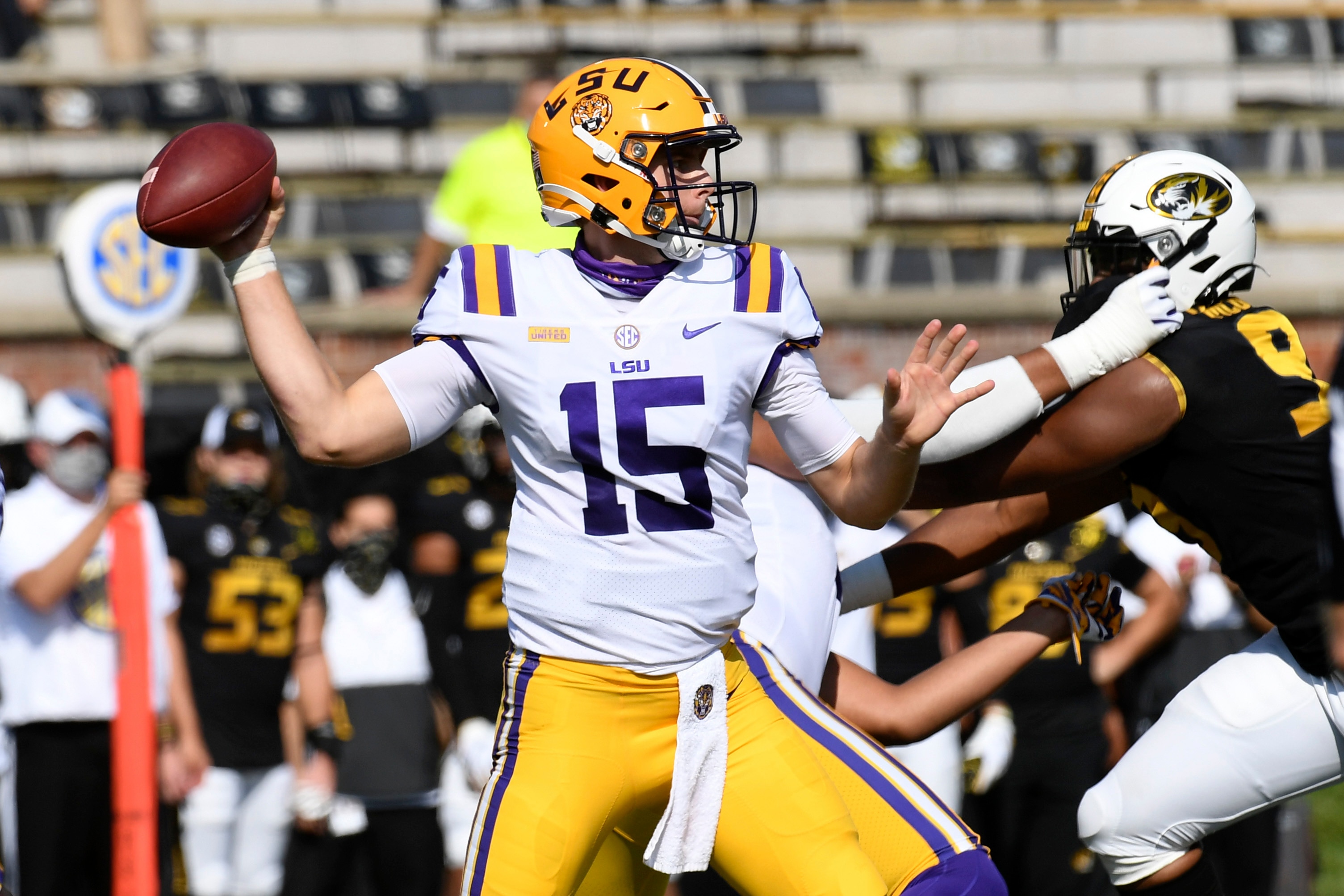 LSU quarterback Myles Brennan throws during the first half of an NCAA college football game against Missouri Saturday, Oct. 10, 2020, in Columbia, Mo. (AP Photo/L.G. Patterson)