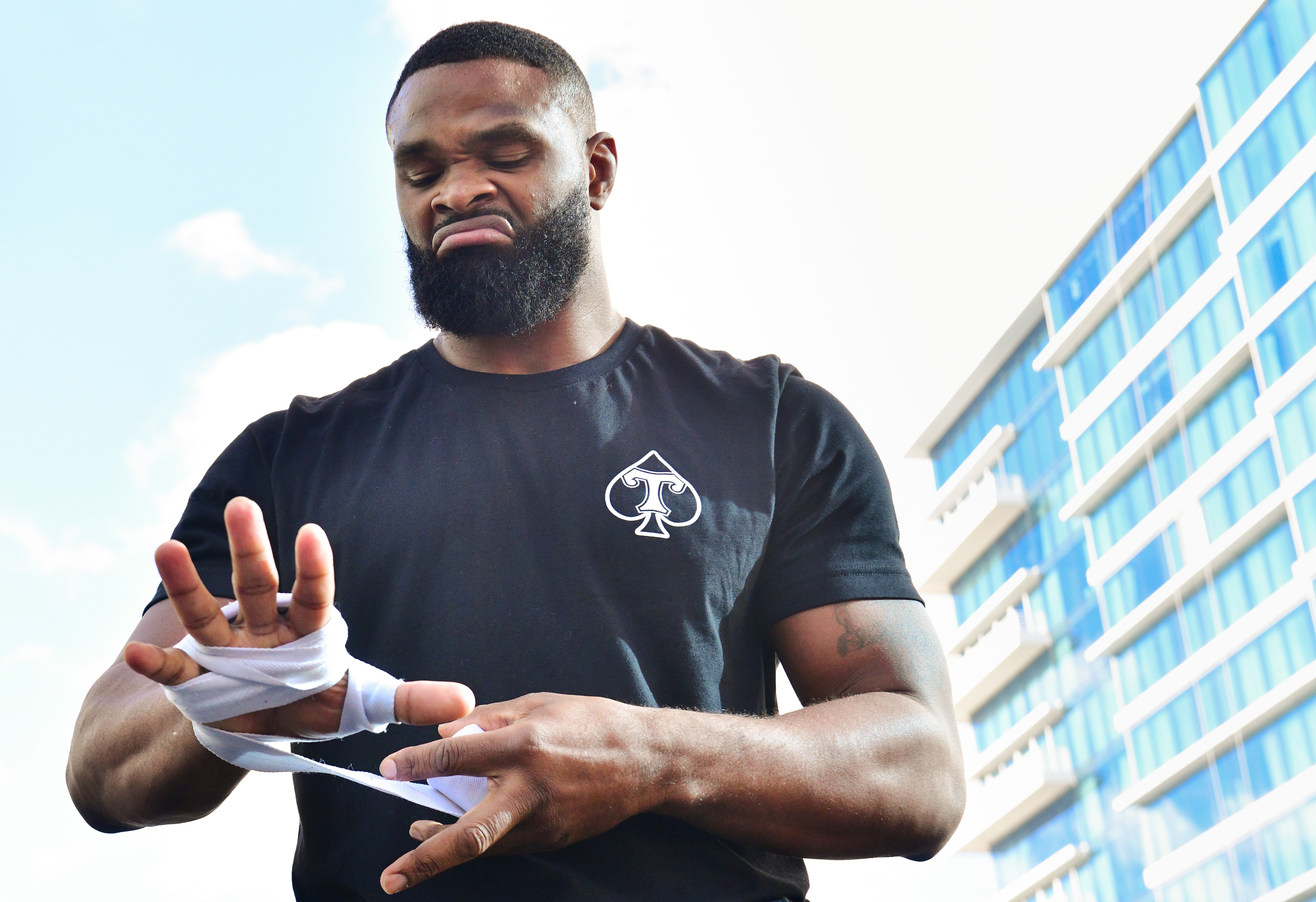 TAMPA, FLORIDA - DECEMBER 15: Tyron Woodley works out during a media workout at the Seminole Hard Rock Tampa pool prior to her December 18th fight against Jake Paul on December 15, 2021 in Tampa, Florida. (Photo by Julio Aguilar/Getty Images)