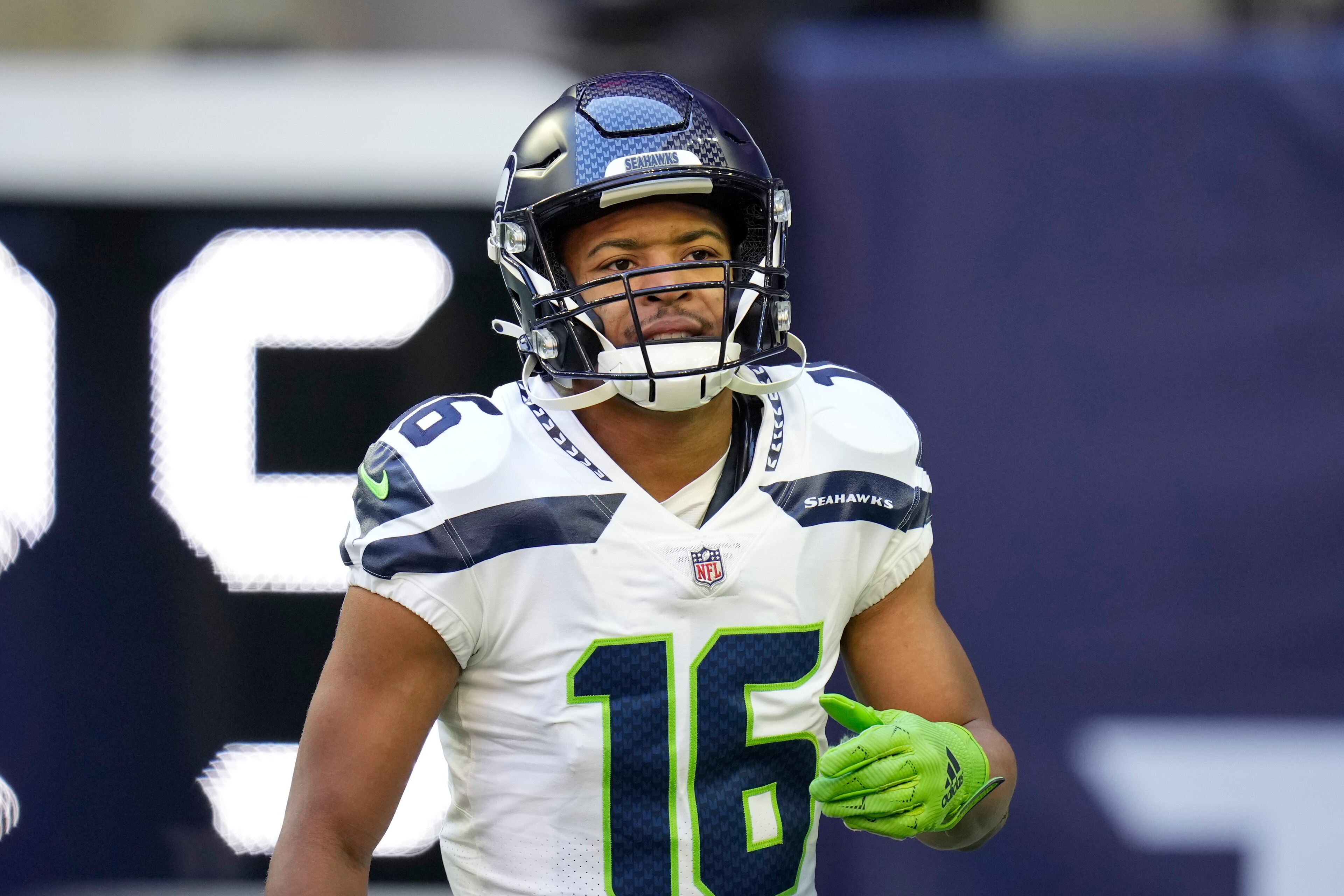 Seattle Seahawks wide receiver Tyler Lockett (16) before an NFL football game against the Houston Texans, Sunday, Dec. 12, 2021, in Houston. (AP Photo/Eric Christian Smith) Seattle Seahawks wide receiver Tyler Lockett (16) before an NFL football game against the Houston Texans, Sunday, Dec. 12, 2021, in Houston. (AP Photo/Eric Christian Smith)