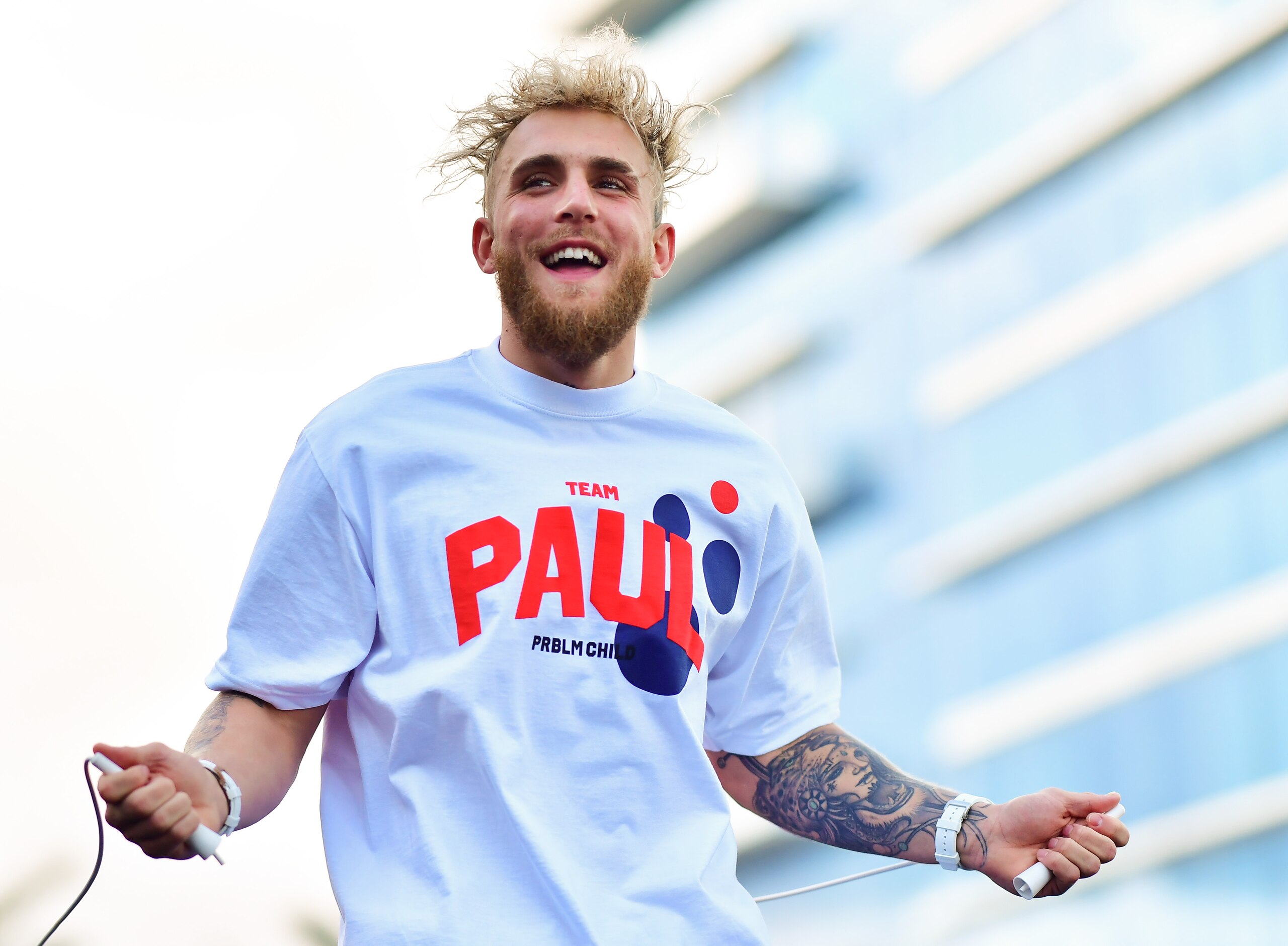 TAMPA, FLORIDA - DECEMBER 15: Jake Paul works out during a media workout at the Seminole Hard Rock Tampa pool prior to his December 18th fight against Tyron Woodley  on December 15, 2021 in Tampa, Florida. (Photo by Julio Aguilar/Getty Images)