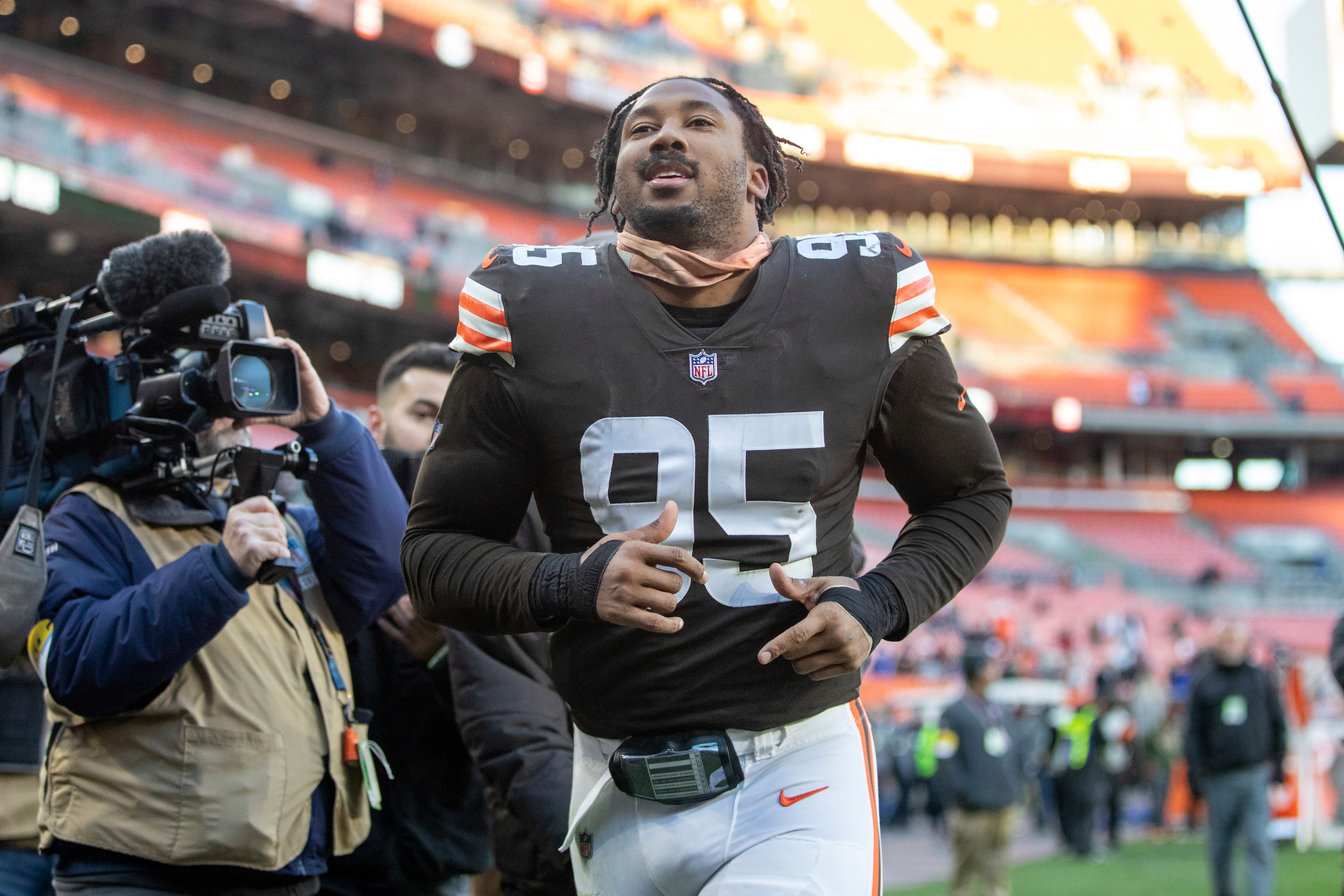 Cleveland Browns defensive end Myles Garrett (95) walks off the field after an NFL football game, Sunday, December 12, 2021 in Cleveland. (AP Photo/Matt Durisko) Cleveland Browns defensive end Myles Garrett (95) walks off the field after an NFL football game, Sunday, December 12, 2021 in Cleveland. (AP Photo/Matt Durisko)