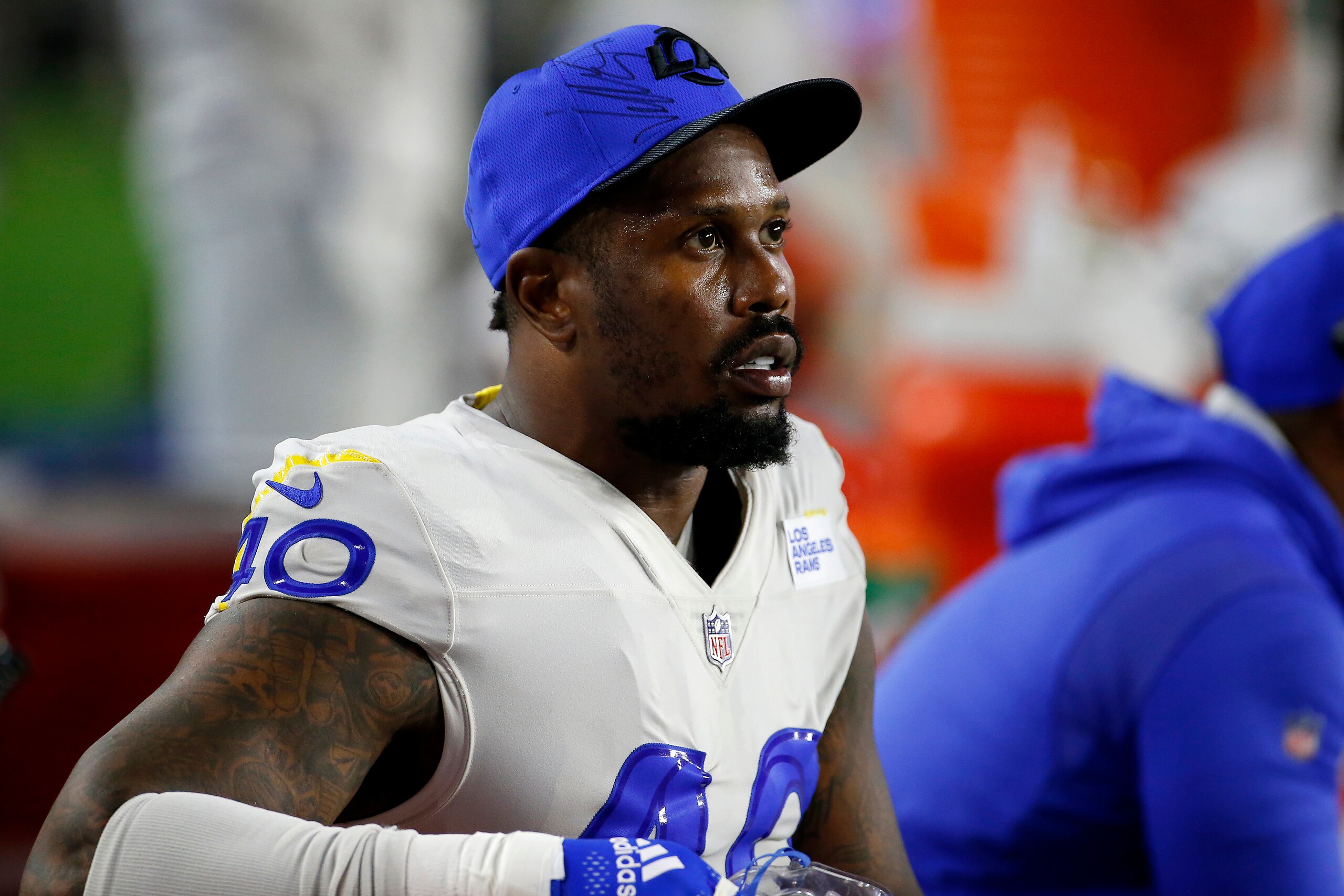 Los Angeles Rams linebacker Von Miller (40) looks on from the sideline prior to an NFL football game against the Arizona Cardinals, Monday, Dec. 13, 2021, in Glendale, Ariz. (AP Photo/Ralph Freso)
