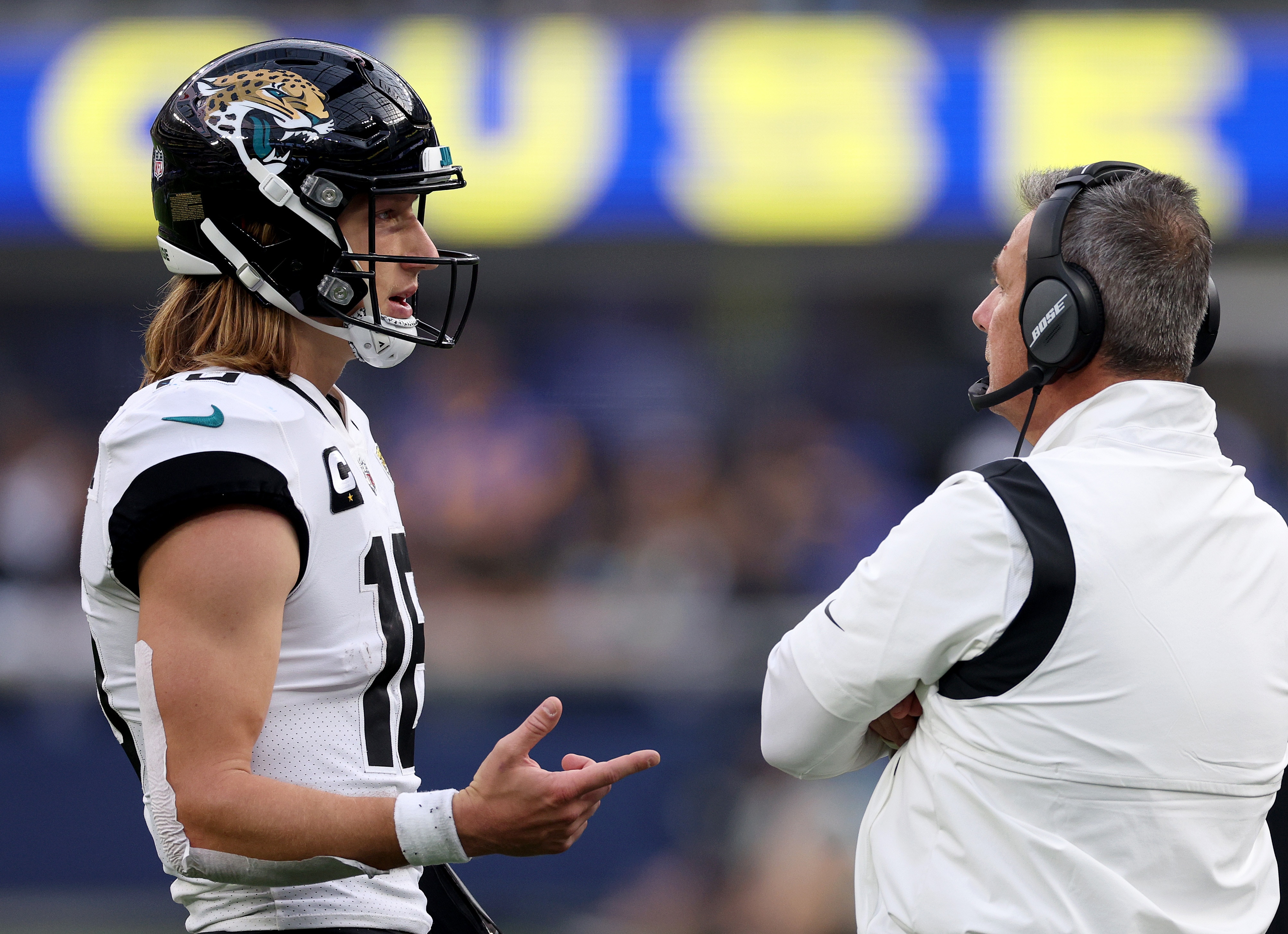 INGLEWOOD, CALIFORNIA - DECEMBER 05: Trevor Lawrence #16 of the Jacksonville Jaguars speaks with head coach Urban Meyer during a 37-7 loss to the Los Angeles Rams at SoFi Stadium on December 05, 2021 in Inglewood, California. (Photo by Harry How/Getty Images) INGLEWOOD, CALIFORNIA - DECEMBER 05: Trevor Lawrence #16 of the Jacksonville Jaguars speaks with head coach Urban Meyer during a 37-7 loss to the Los Angeles Rams at SoFi Stadium on December 05, 2021 in Inglewood, California. (Photo by Harry How/Getty Images)
