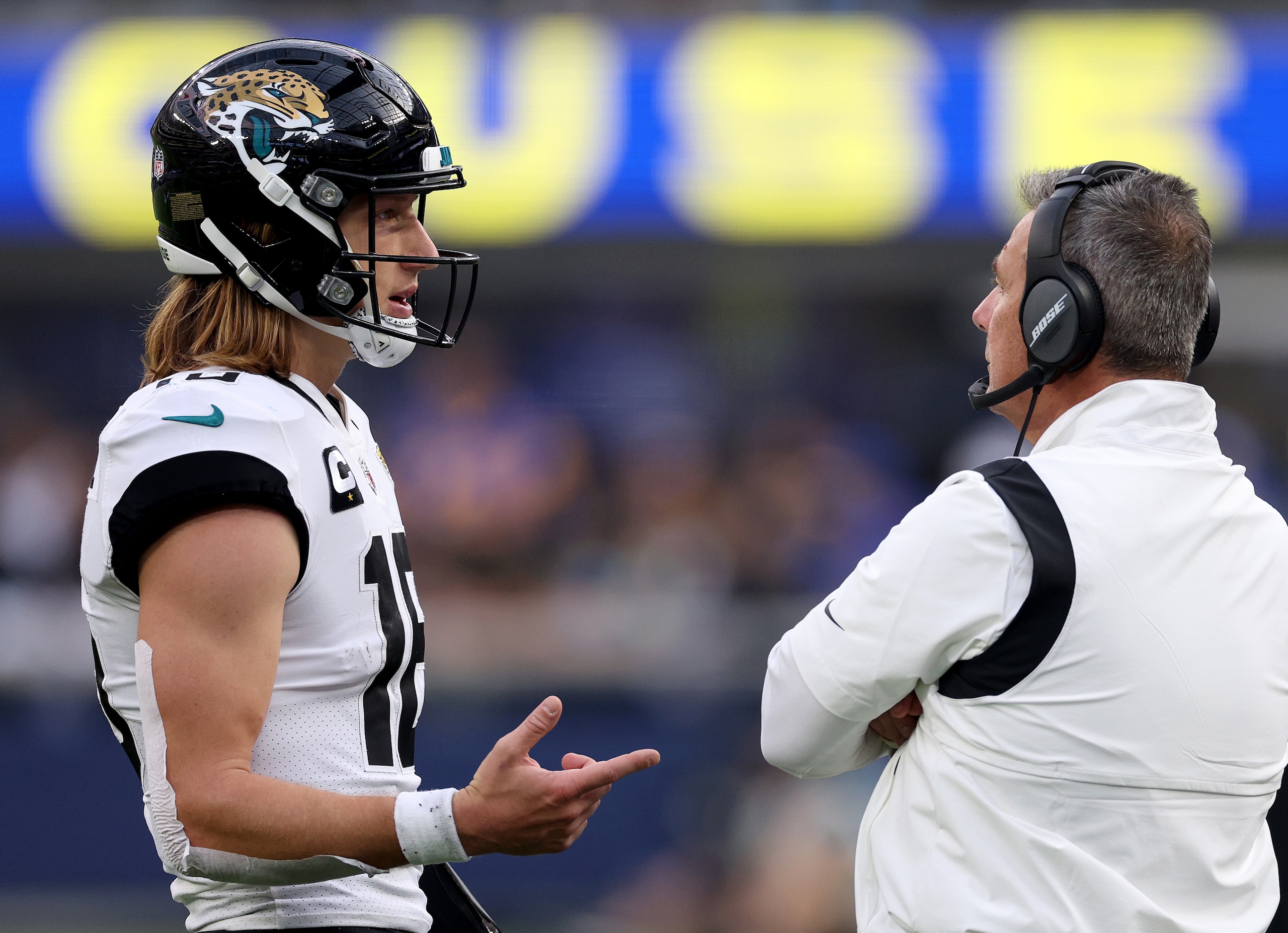 INGLEWOOD, CALIFORNIA - DECEMBER 05: Trevor Lawrence #16 of the Jacksonville Jaguars speaks with head coach Urban Meyer during a 37-7 loss to the Los Angeles Rams at SoFi Stadium on December 05, 2021 in Inglewood, California. (Photo by Harry How/Getty Images)