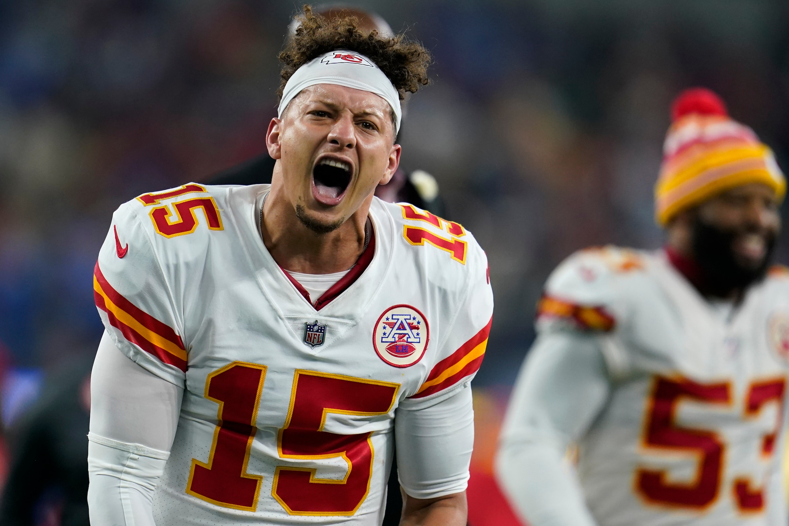 Kansas City Chiefs quarterback Patrick Mahomes celebrates after defeating the Los Angeles Chargers in an NFL football game Thursday, Dec. 16, 2021, in Inglewood, Calif. The Chiefs won 34-28. (AP Photo/Marcio Jose Sanchez) Kansas City Chiefs quarterback Patrick Mahomes celebrates after defeating the Los Angeles Chargers in an NFL football game Thursday, Dec. 16, 2021, in Inglewood, Calif. The Chiefs won 34-28. (AP Photo/Marcio Jose Sanchez)