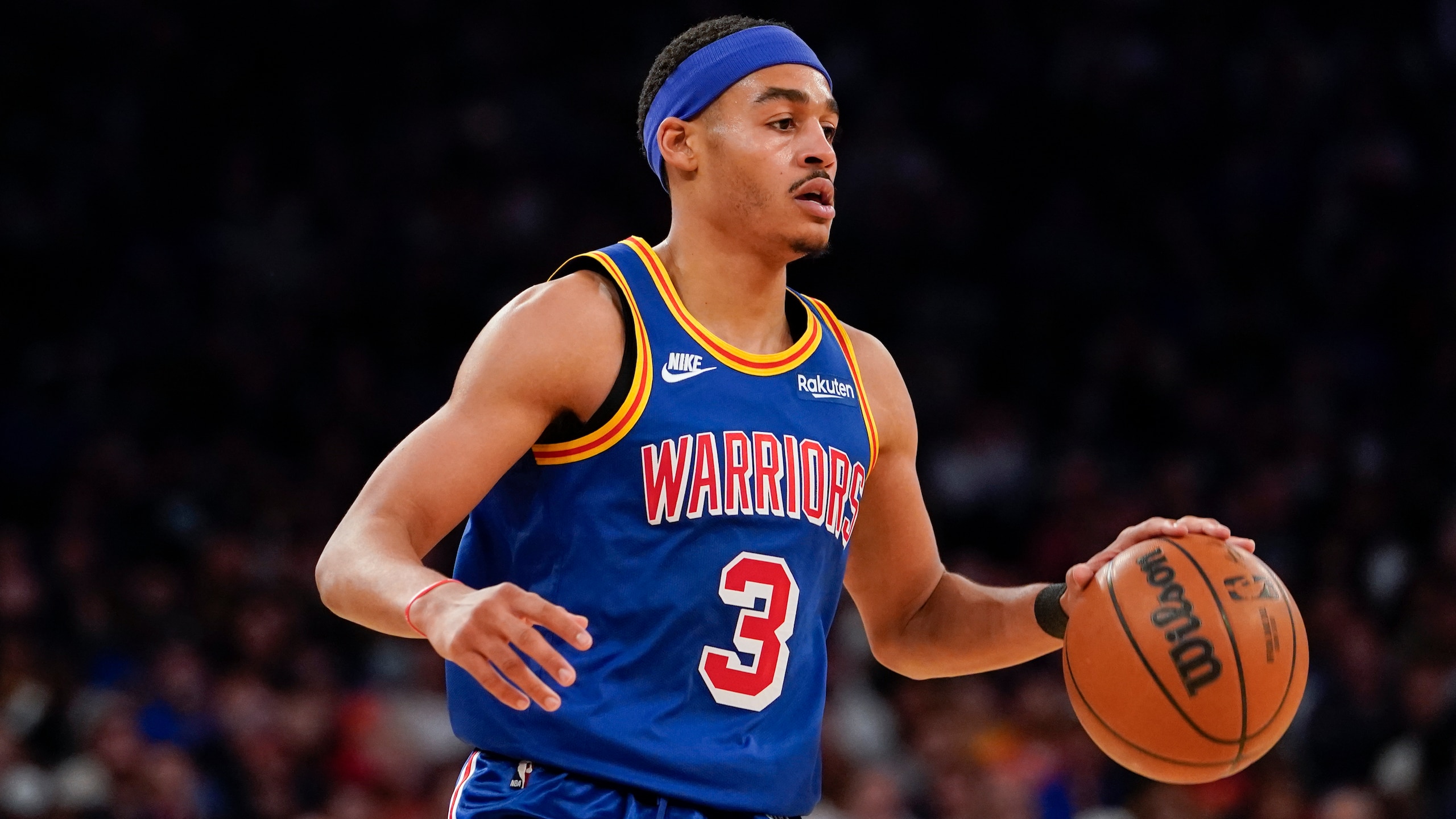 Golden State Warriors guard Jordan Poole during the first half of an NBA basketball game against the New York Knicks, Tuesday, Dec. 14, 2021, at Madison Square Garden in New York. (AP Photo/Mary Altaffer)