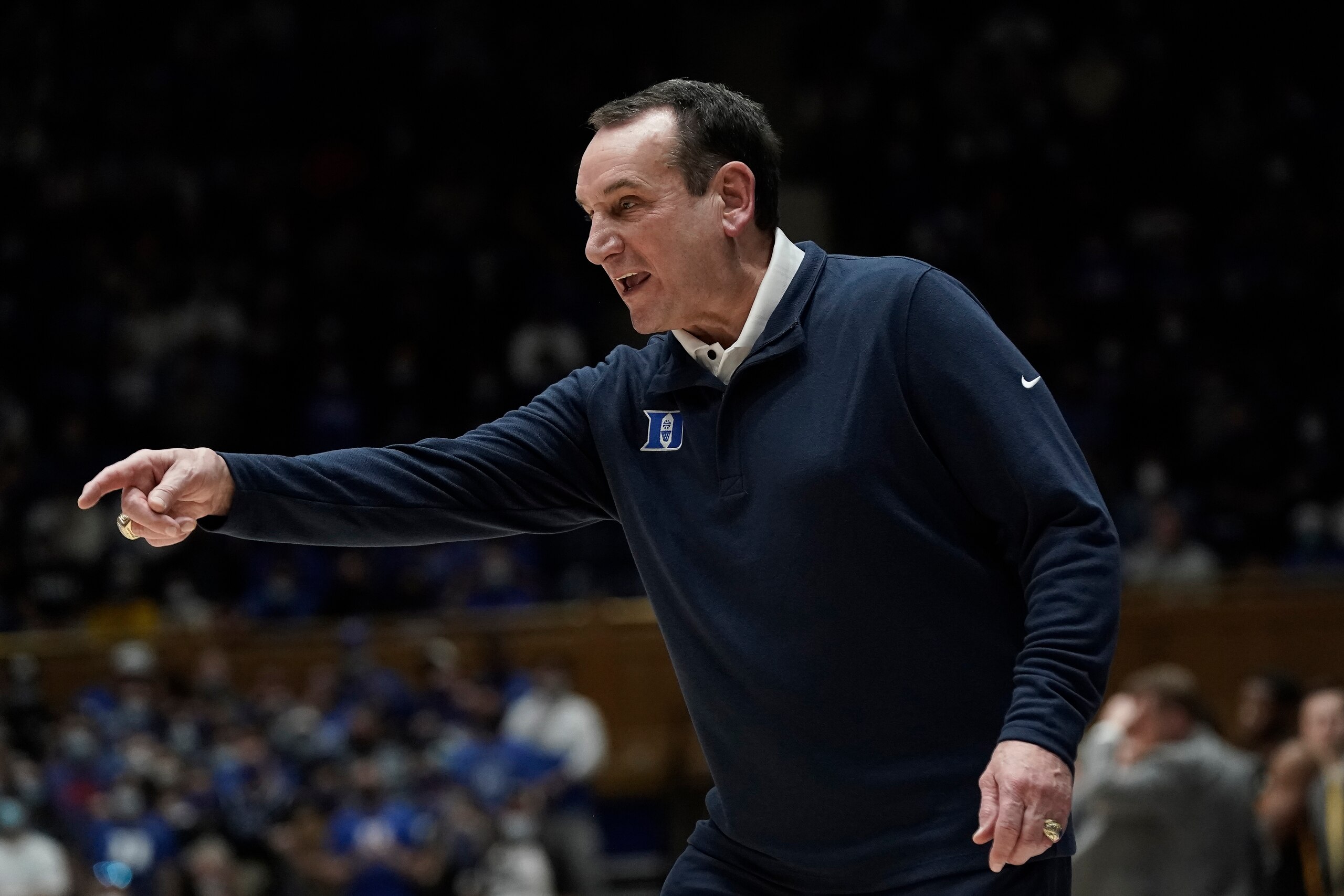 Duke head coach Mike Krzyzewski reacts during the second half of an NCAA college basketball game against Appalachian State in Durham, N.C., Thursday, Dec. 16, 2021. (AP Photo/Gerry Broome)