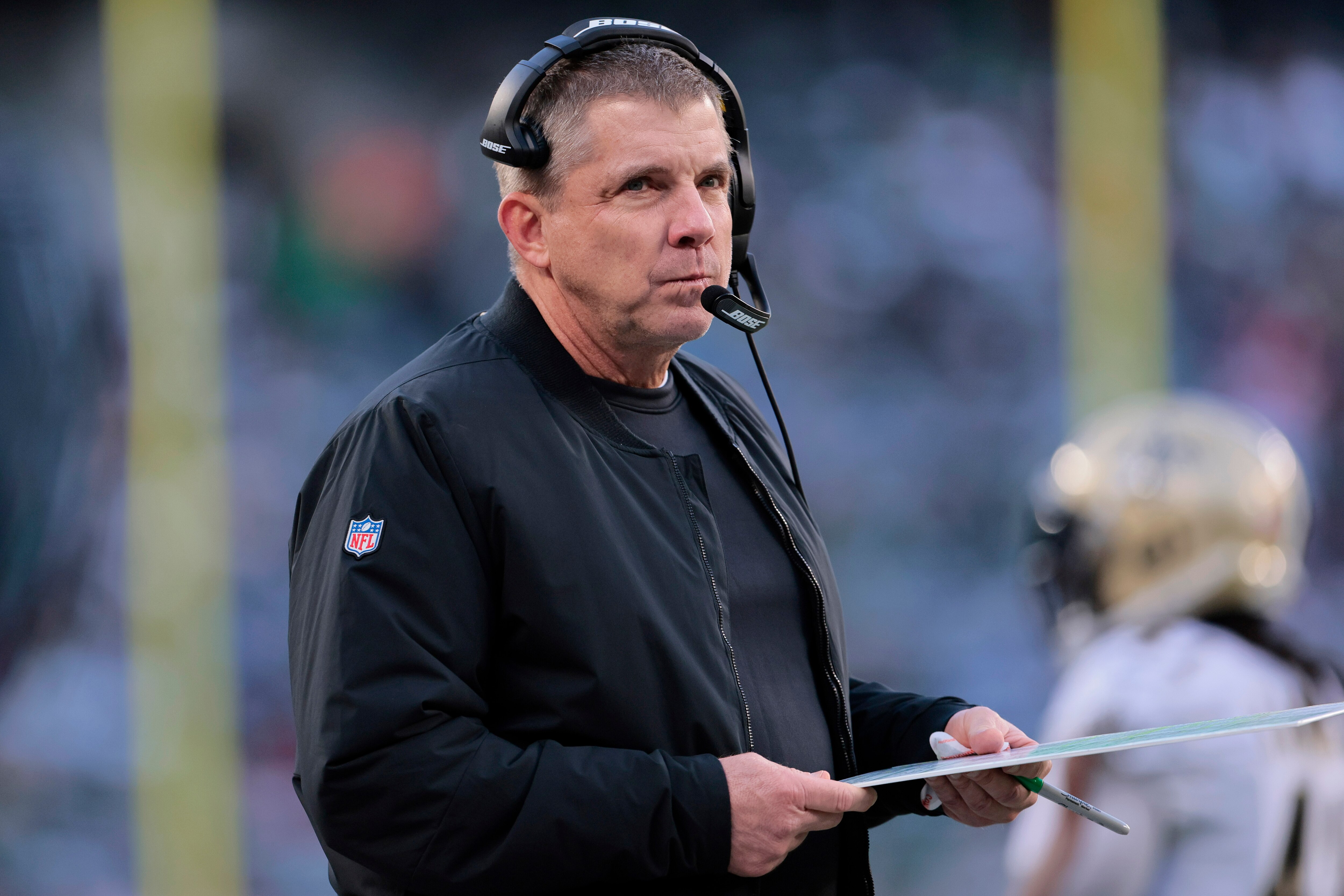 New Orleans Saints head coach Sean Payton looks on against the New York Jets during an NFL football game, Sunday, Dec. 12, 2021, in East Rutherford, N.J. (AP Photo/Adam Hunger)