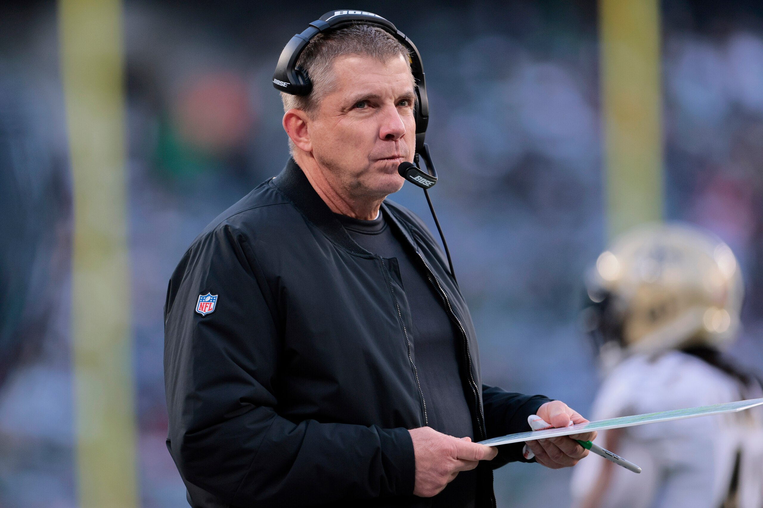 New Orleans Saints head coach Sean Payton looks on against the New York Jets during an NFL football game, Sunday, Dec. 12, 2021, in East Rutherford, N.J. (AP Photo/Adam Hunger)