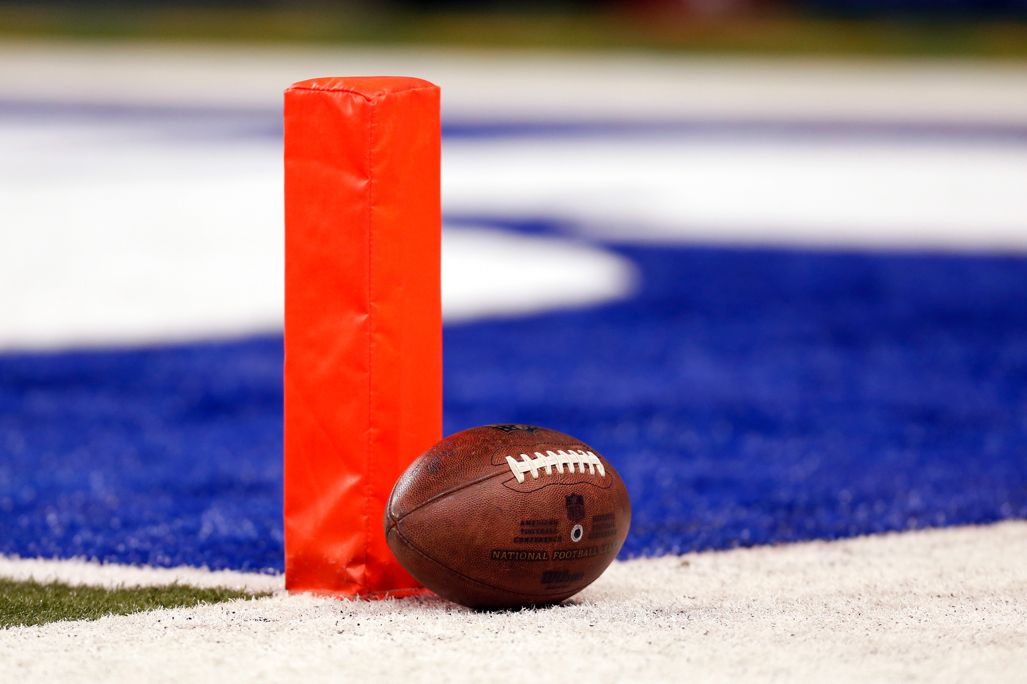 JAN 04 2015: A lone football sits by the goal line prior to the AFC Wild-Card football game between the Cincinnati Bengals vs Indianapolis Colts at Lucas Oil Stadium in Indianapolis, Indiana. (Photo by TMB/Icon Sportswire/Corbis/Icon Sportswire via Getty Images)