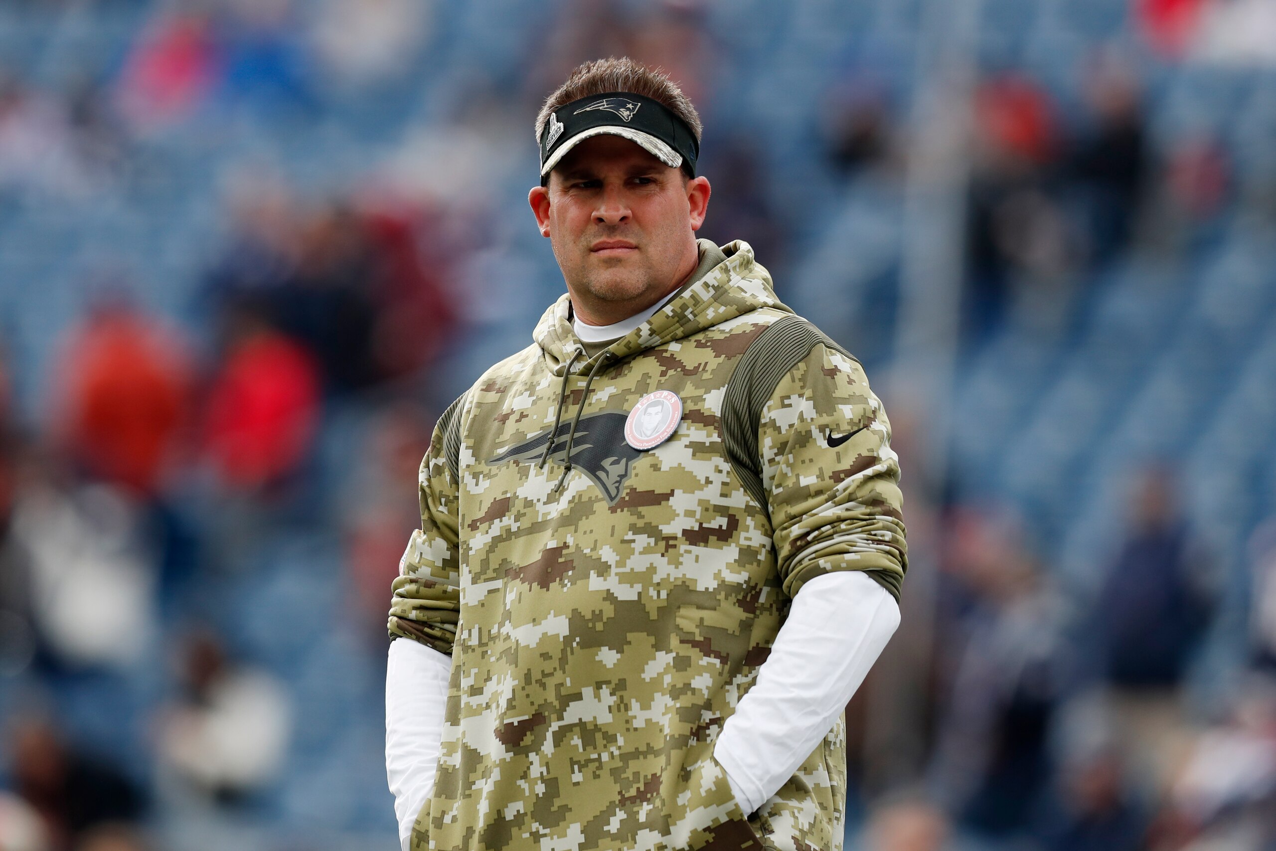 New England Patriots offensive coordinator Josh McDaniels prior to an NFL football game, Sunday, Nov. 14, 2021, in Foxborough, Mass. (AP Photo/Michael Dwyer)