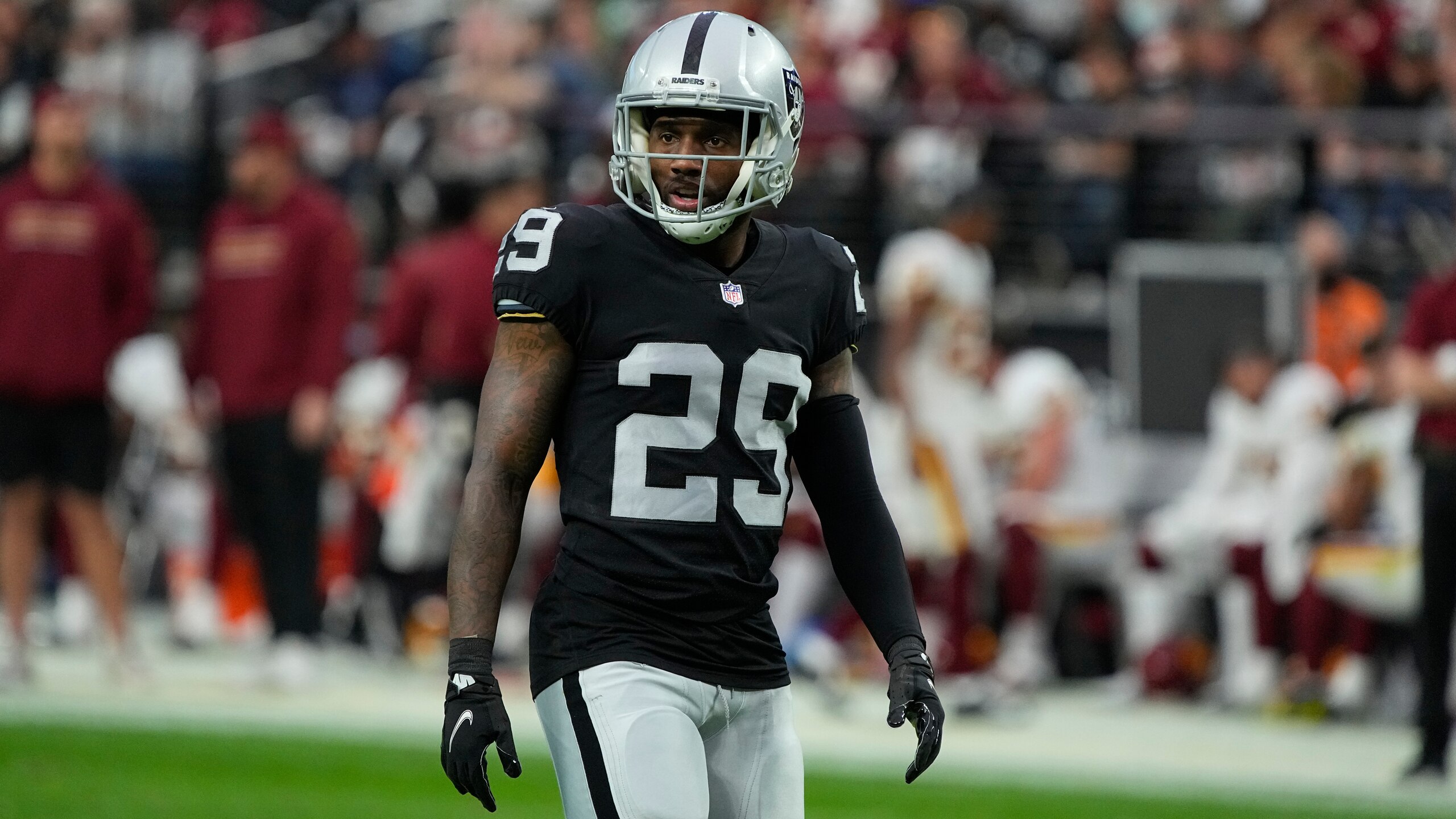 Las Vegas Raiders cornerback Casey Hayward (29) plays against the Washington Football Team during the first half of an NFL football game, Sunday, Dec. 5, 2021, in Las Vegas. (AP Photo/Rick Scuteri)