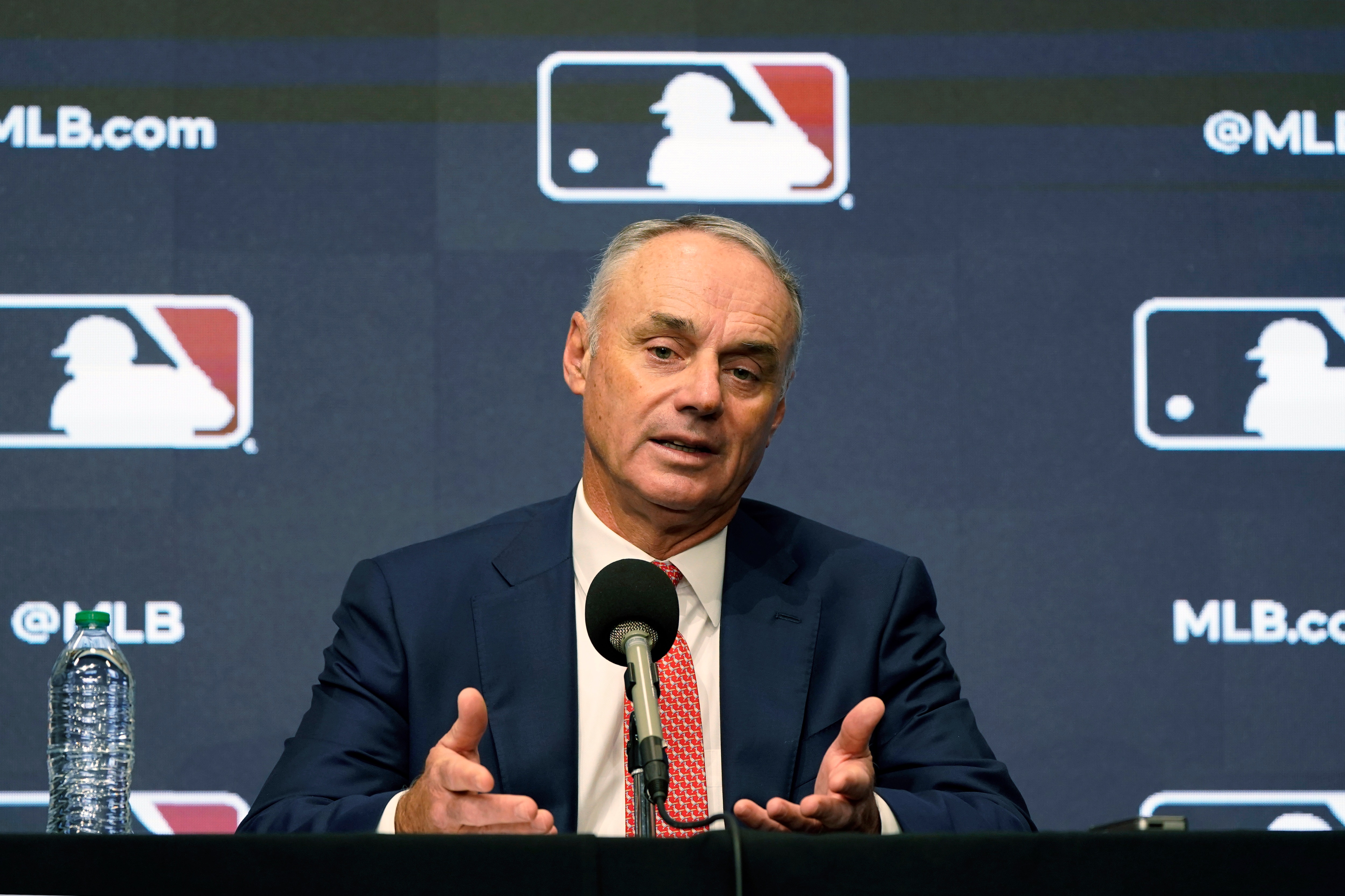 Major League Baseball commissioner Rob Manfred speaks during a news conference in Arlington, Texas, Thursday, Dec. 2, 2021. Owners locked out players at 12:01 a.m. Thursday following the expiration of the sport's five-year collective bargaining agreement. (AP Photo/LM Otero)