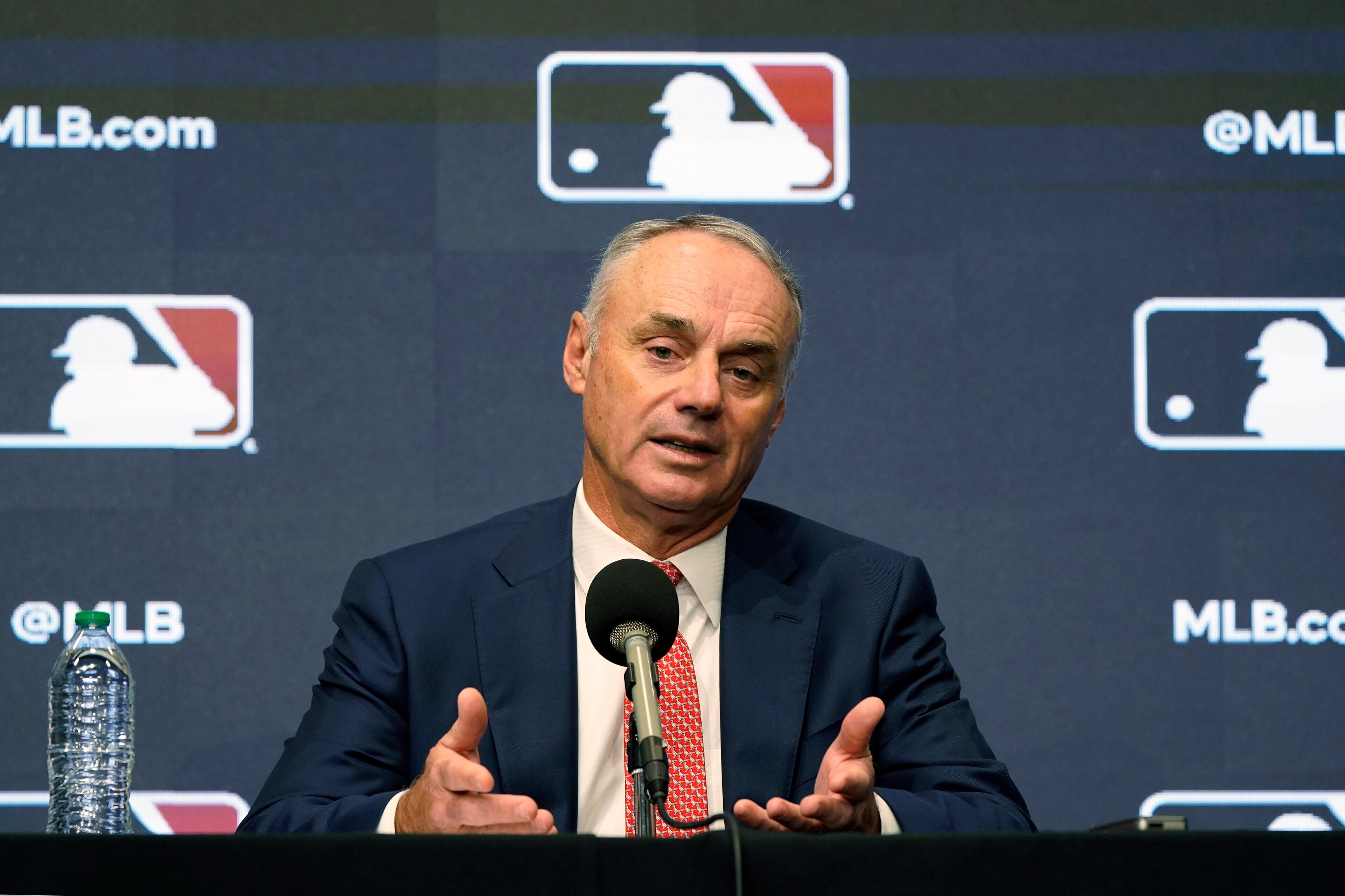 Major League Baseball commissioner Rob Manfred speaks during a news conference in Arlington, Texas, Thursday, Dec. 2, 2021. Owners locked out players at 12:01 a.m. Thursday following the expiration of the sport's five-year collective bargaining agreement. (AP Photo/LM Otero)