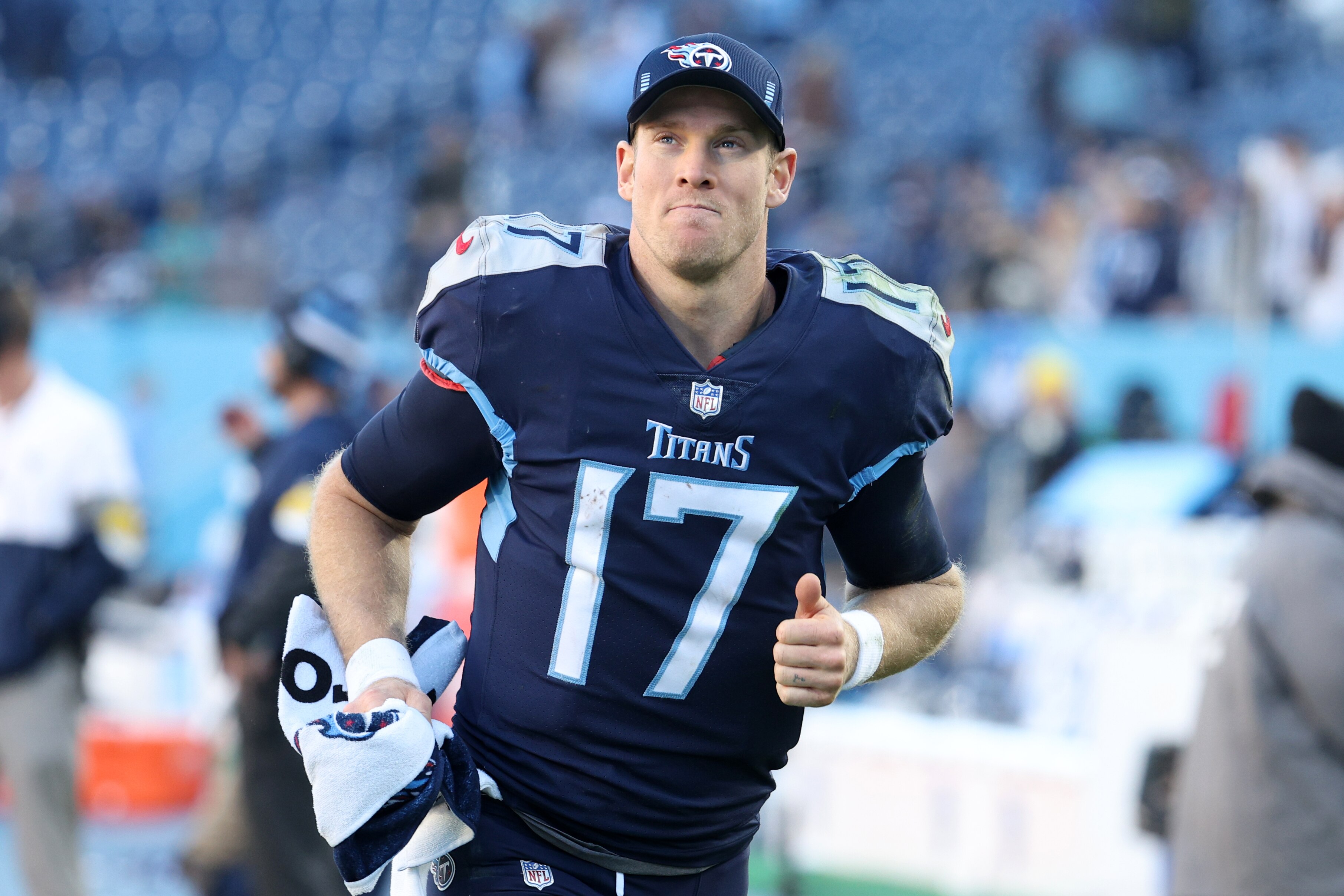NASHVILLE, TENNESSEE - DECEMBER 12: Ryan Tannehill #17 of the Tennessee Titans celebrates after the game against the Jacksonville Jaguars at Nissan Stadium on December 12, 2021 in Nashville, Tennessee. (Photo by Andy Lyons/Getty Images)